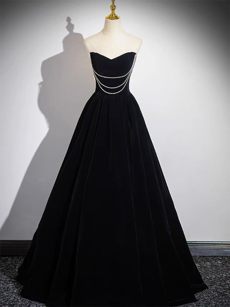 A-LINE BLACK VELVET LONG PROM GOWN