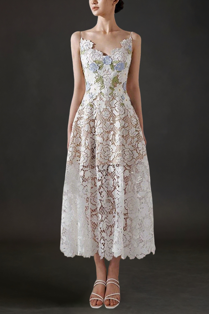 ss WHITE LACE ROSES A-LINE MIDI DRESS
