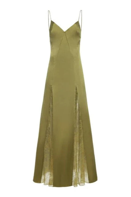 LUXE GREEN LACE-INSET SILK MAXI SLIP DRESS