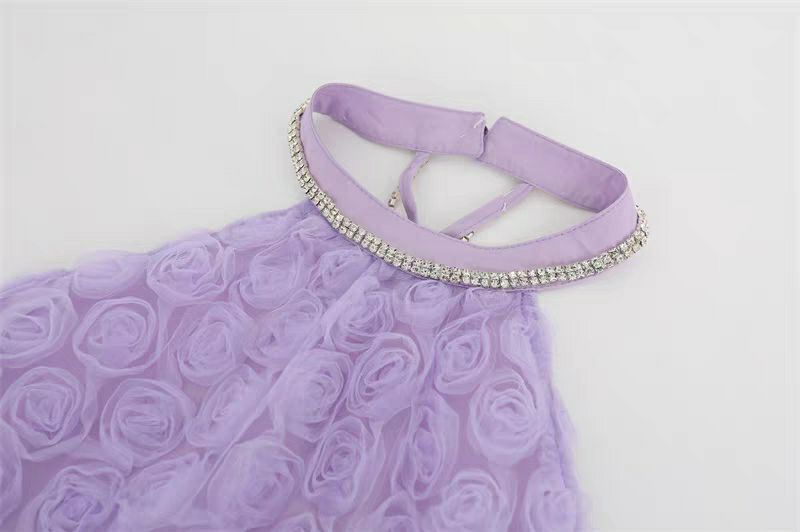 3D PURPLE ROSE HALTER BACKLESS MIDI DRESS
