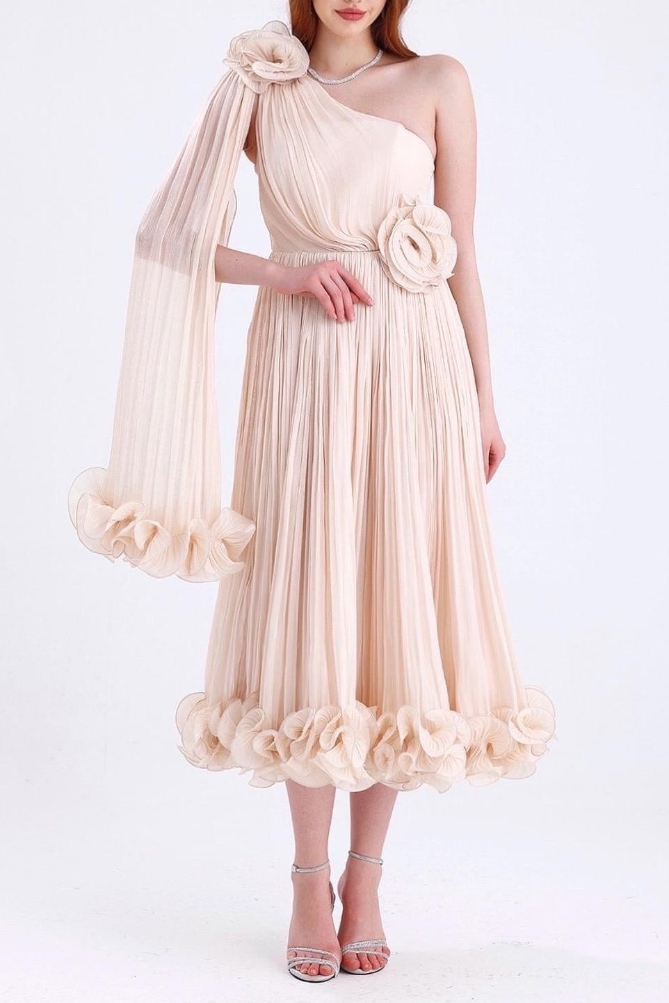 SIMONE ONE SHOULDER 3D FLOWER RUFFLE MAXI DRESS APRICOT