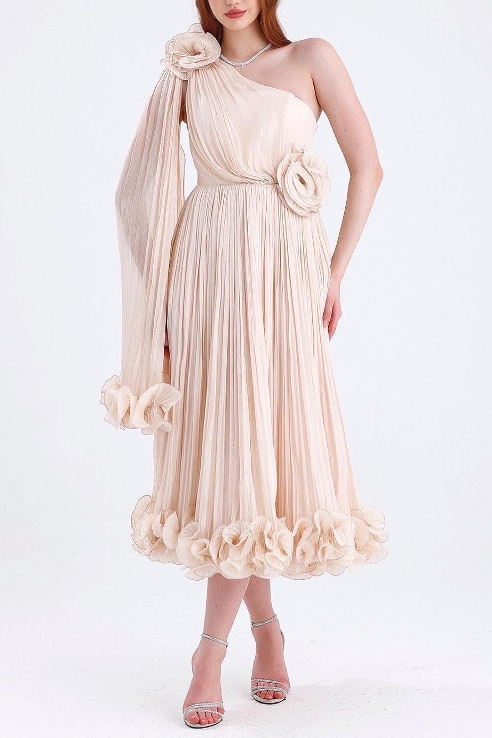 SIMONE ONE SHOULDER 3D FLOWER RUFFLE MAXI DRESS APRICOT