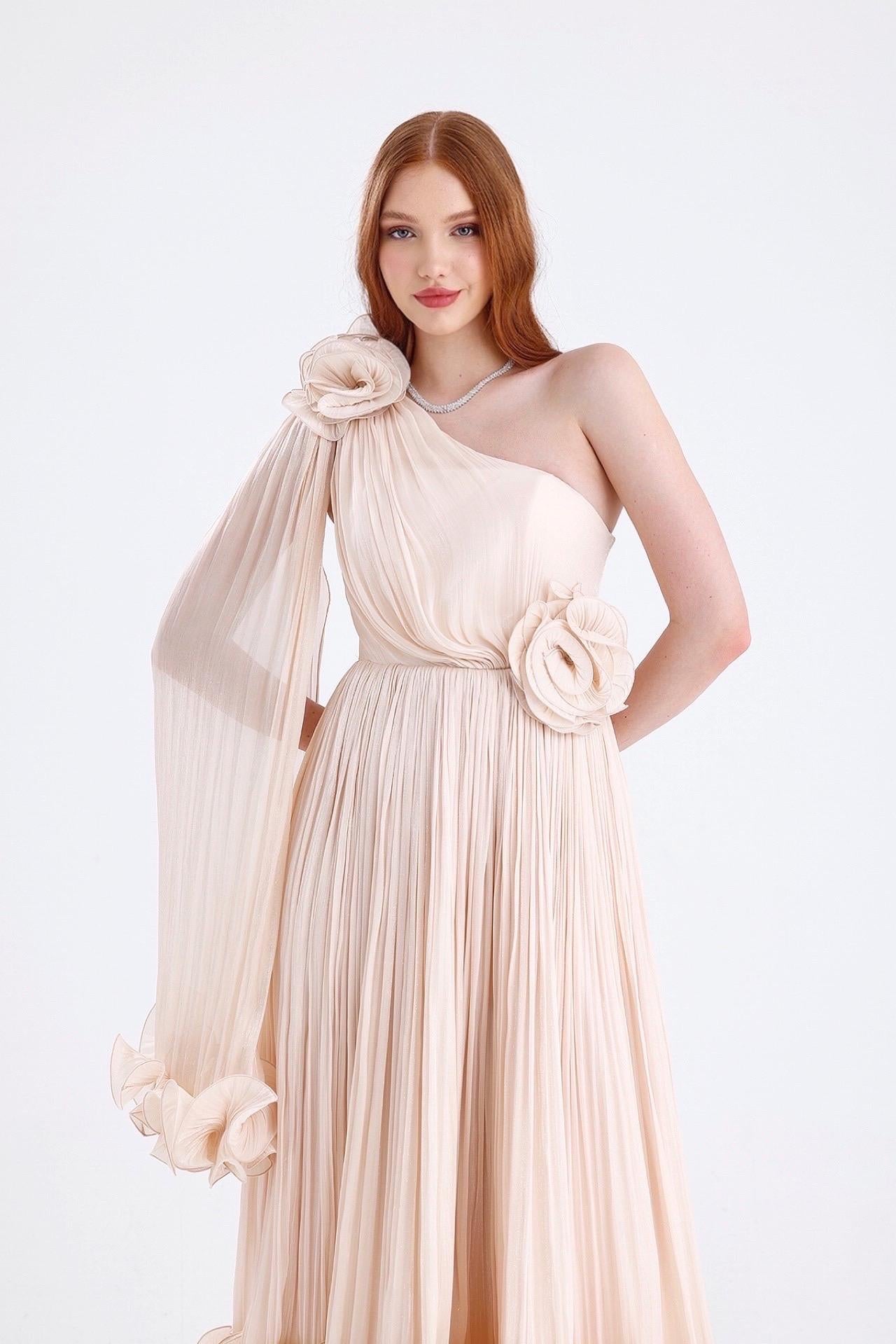 SIMONE ONE SHOULDER 3D FLOWER RUFFLE MAXI DRESS APRICOT