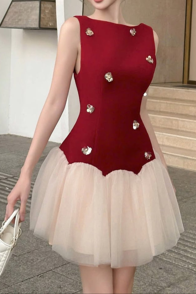 BERYL 3D FLOWER TULLE MINI DRESS RED