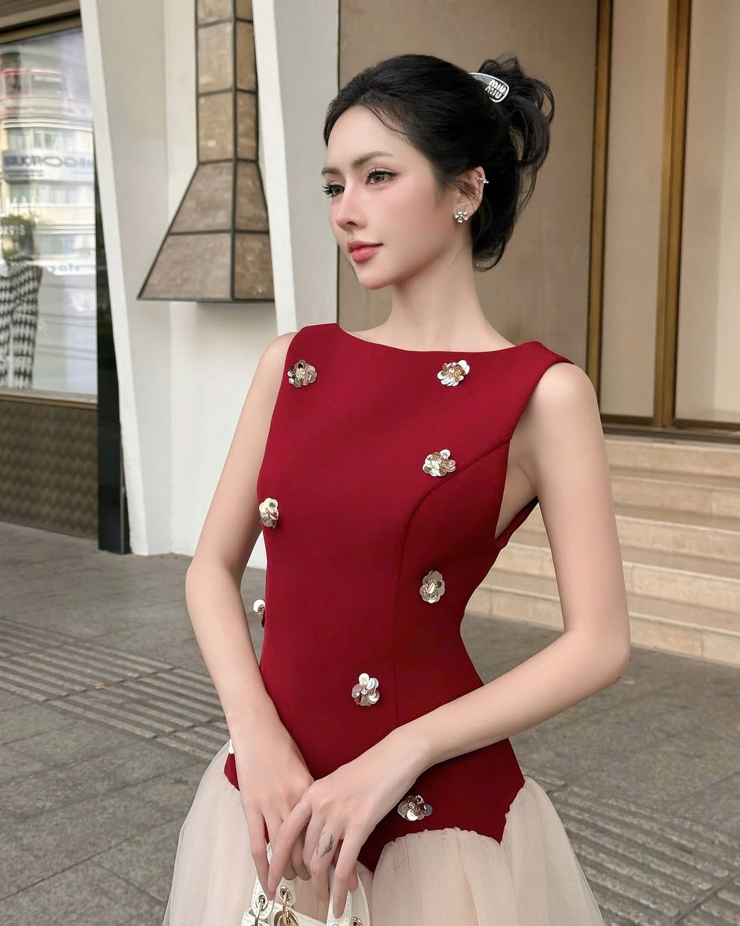BERYL 3D FLOWER TULLE MINI DRESS RED