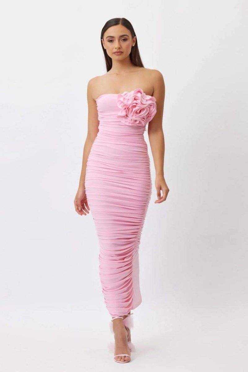 TINA STRAPLESS FLORAL MIDI DRESS FOR WEDDING