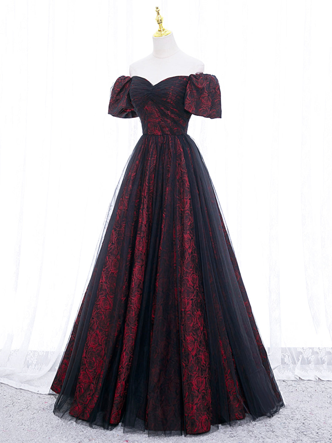 A-LINE TULLE LACE PROM DRESS BURGUNDY BLACK