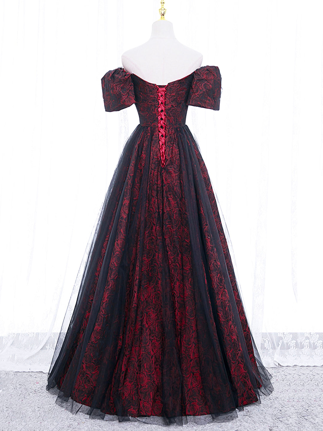 A-LINE TULLE LACE PROM DRESS BURGUNDY BLACK
