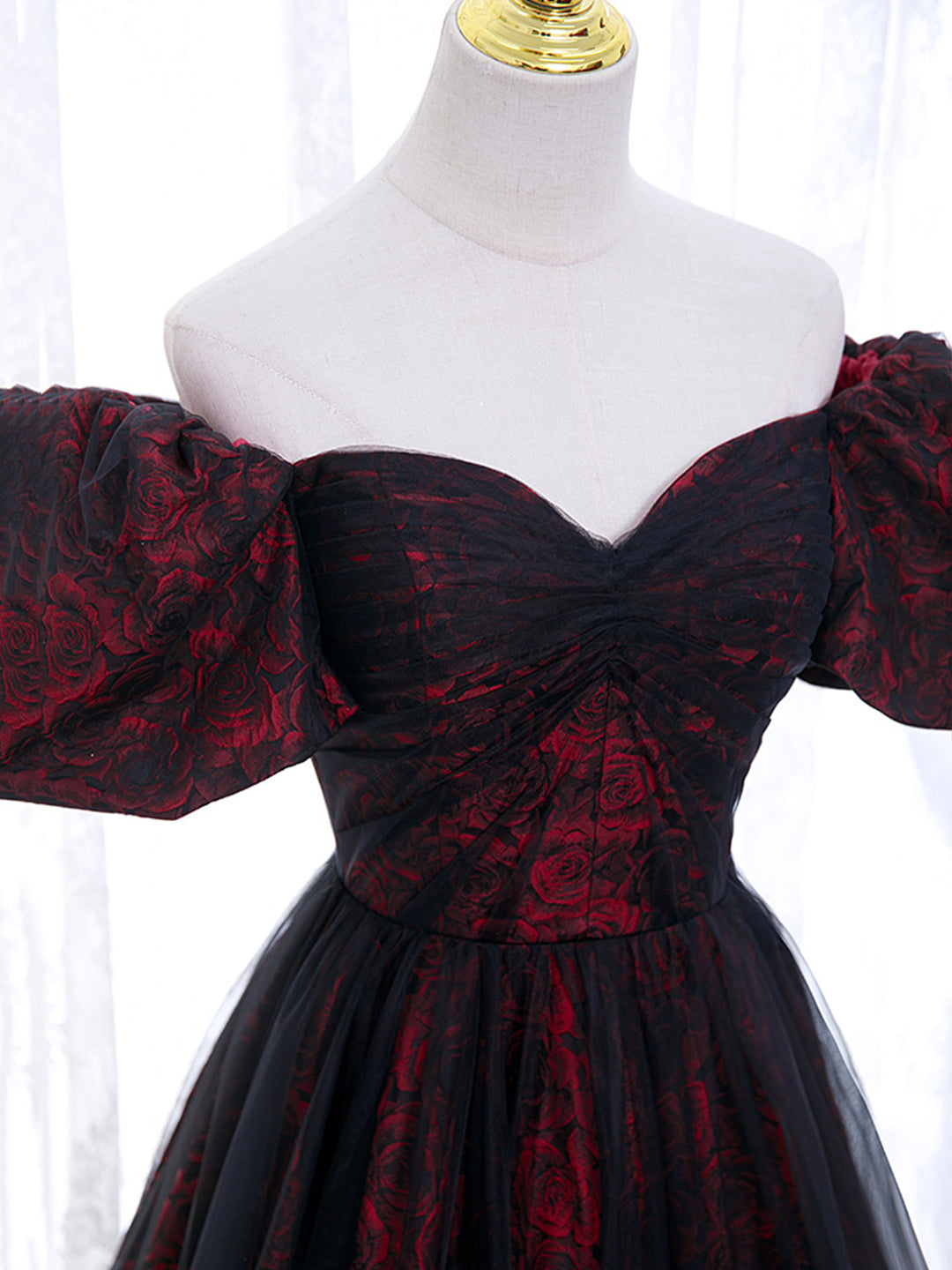 A-LINE TULLE LACE PROM DRESS BURGUNDY BLACK