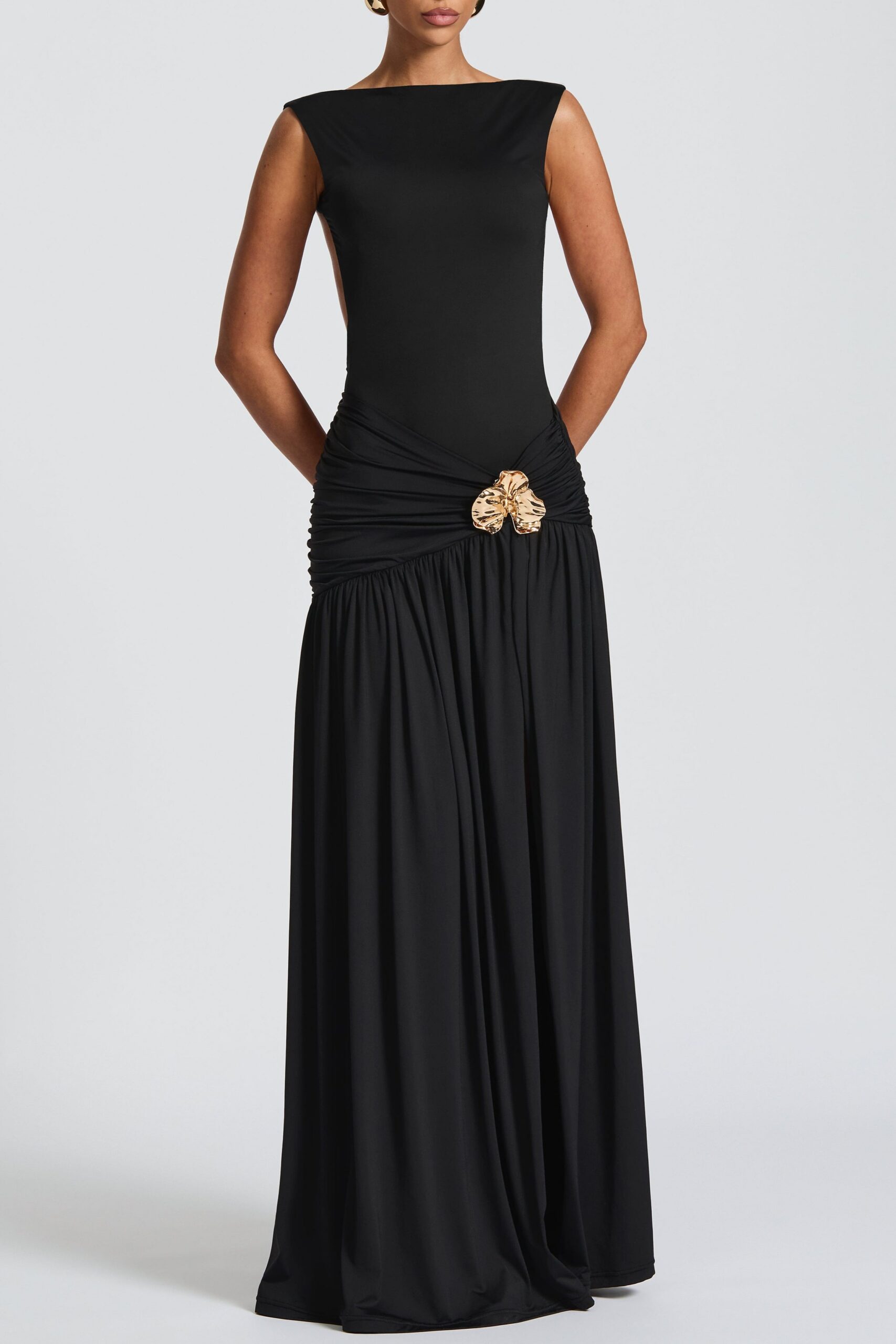 SEXY PLEATED HIGH SLIT BODYSUIT BLACK