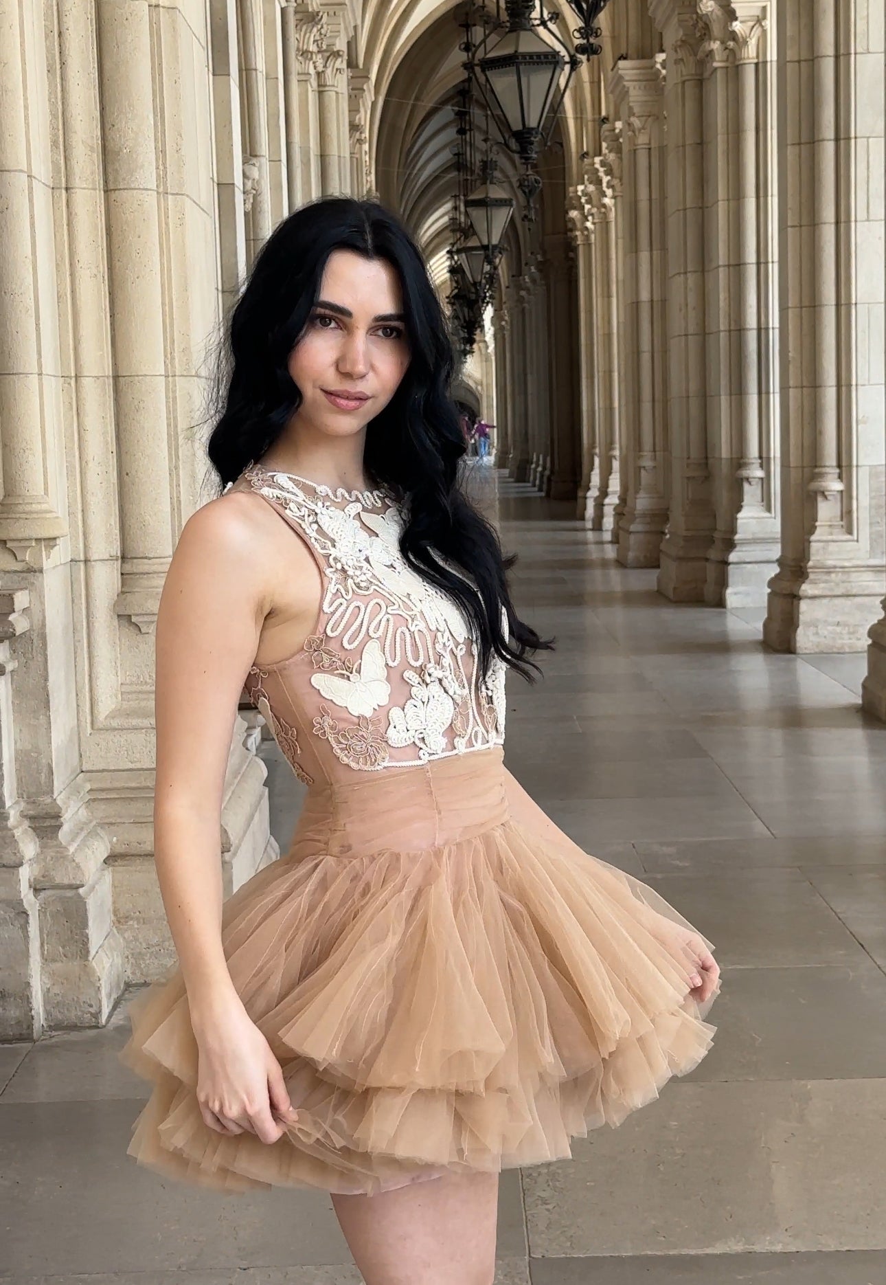 BEIGE BALLERINA TULLE MINI DRESS 3D APPLIQUE