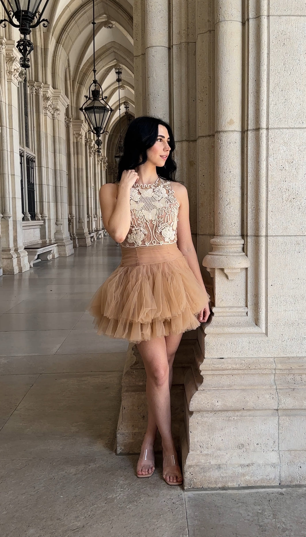 BEIGE BALLERINA TULLE MINI DRESS 3D APPLIQUE