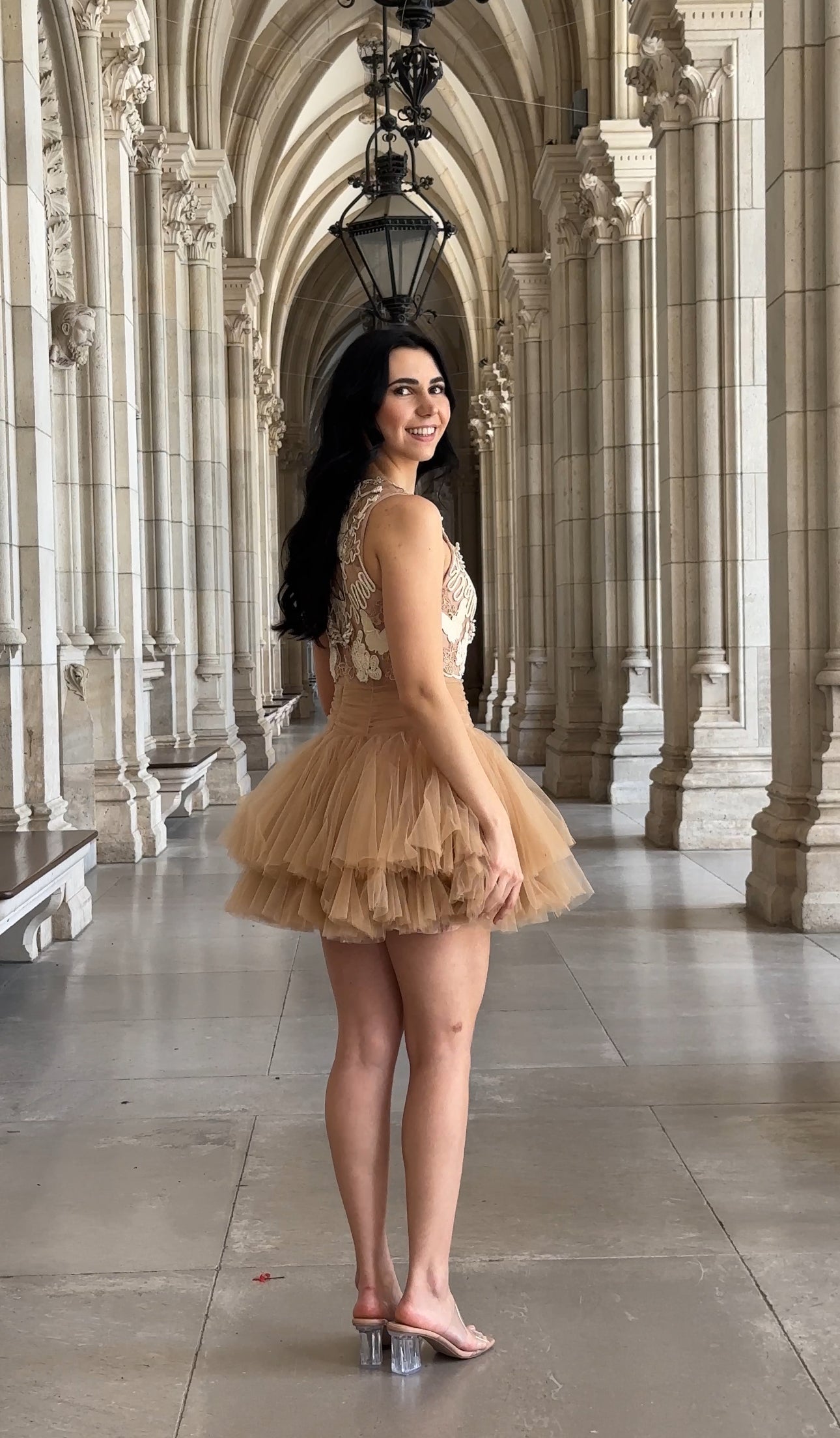 BEIGE BALLERINA TULLE MINI DRESS 3D APPLIQUE