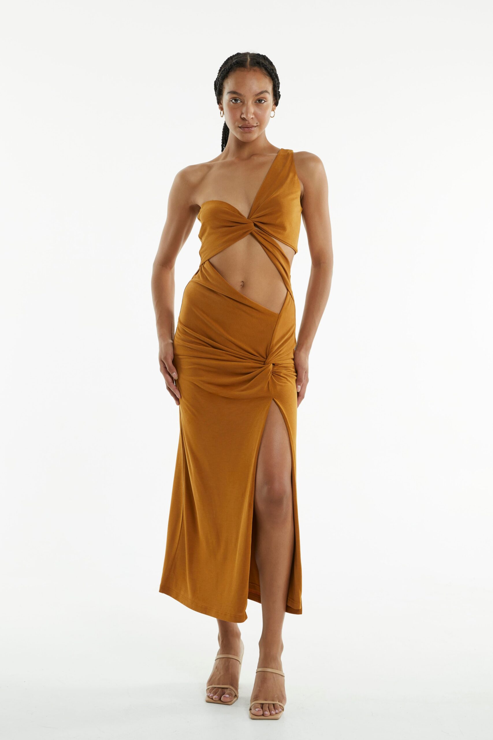 TURN AROUND TWIST MIDI DRESS | CAMEL