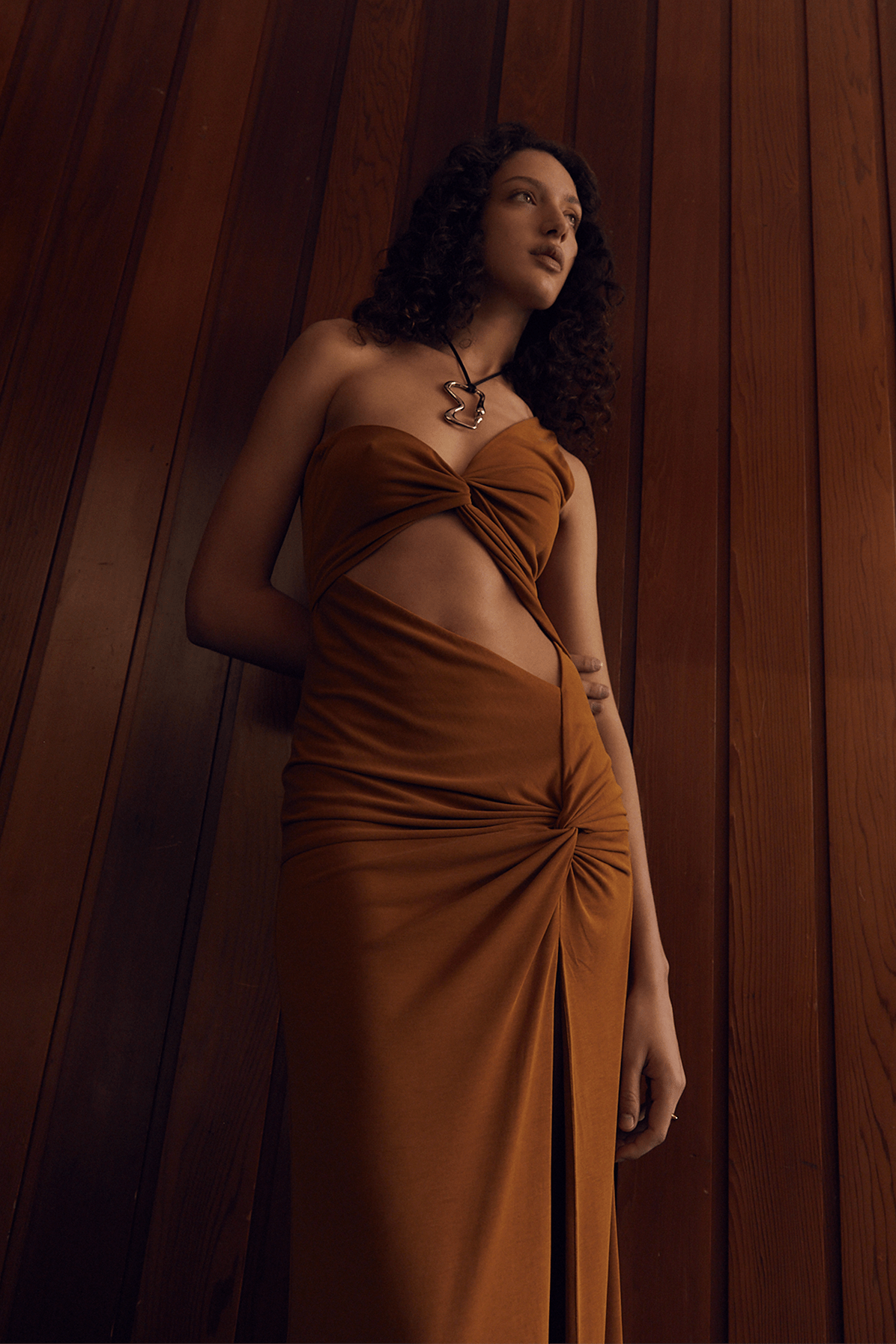 TURN AROUND TWIST MIDI DRESS | CAMEL