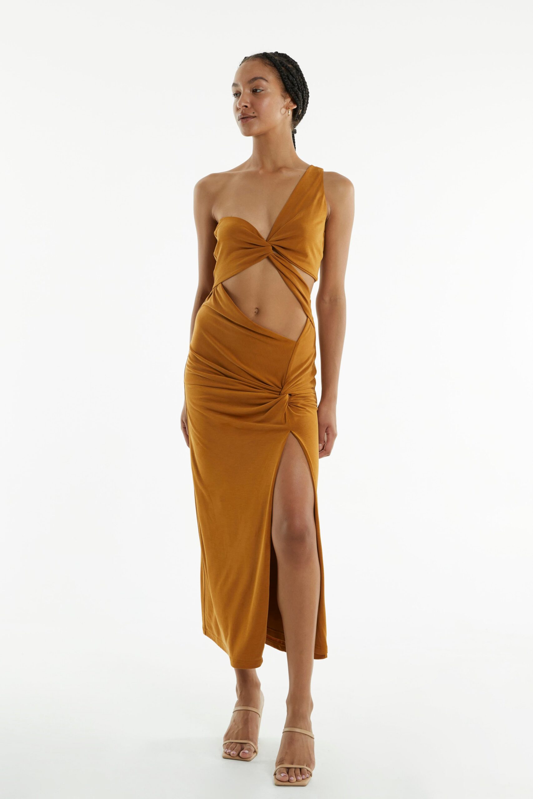TURN AROUND TWIST MIDI DRESS | CAMEL