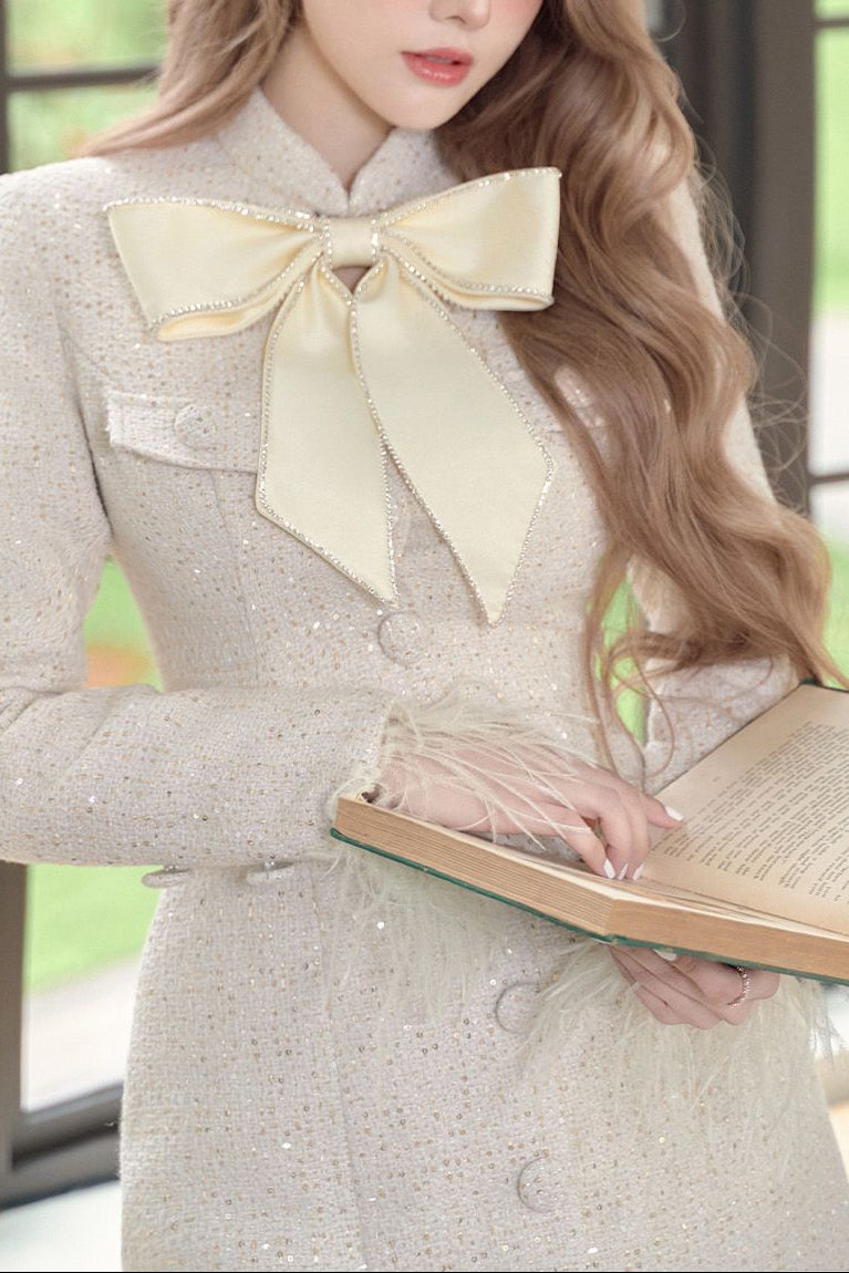 THERESA WHITE FEATHER BOW BLAZER MINI DRESS