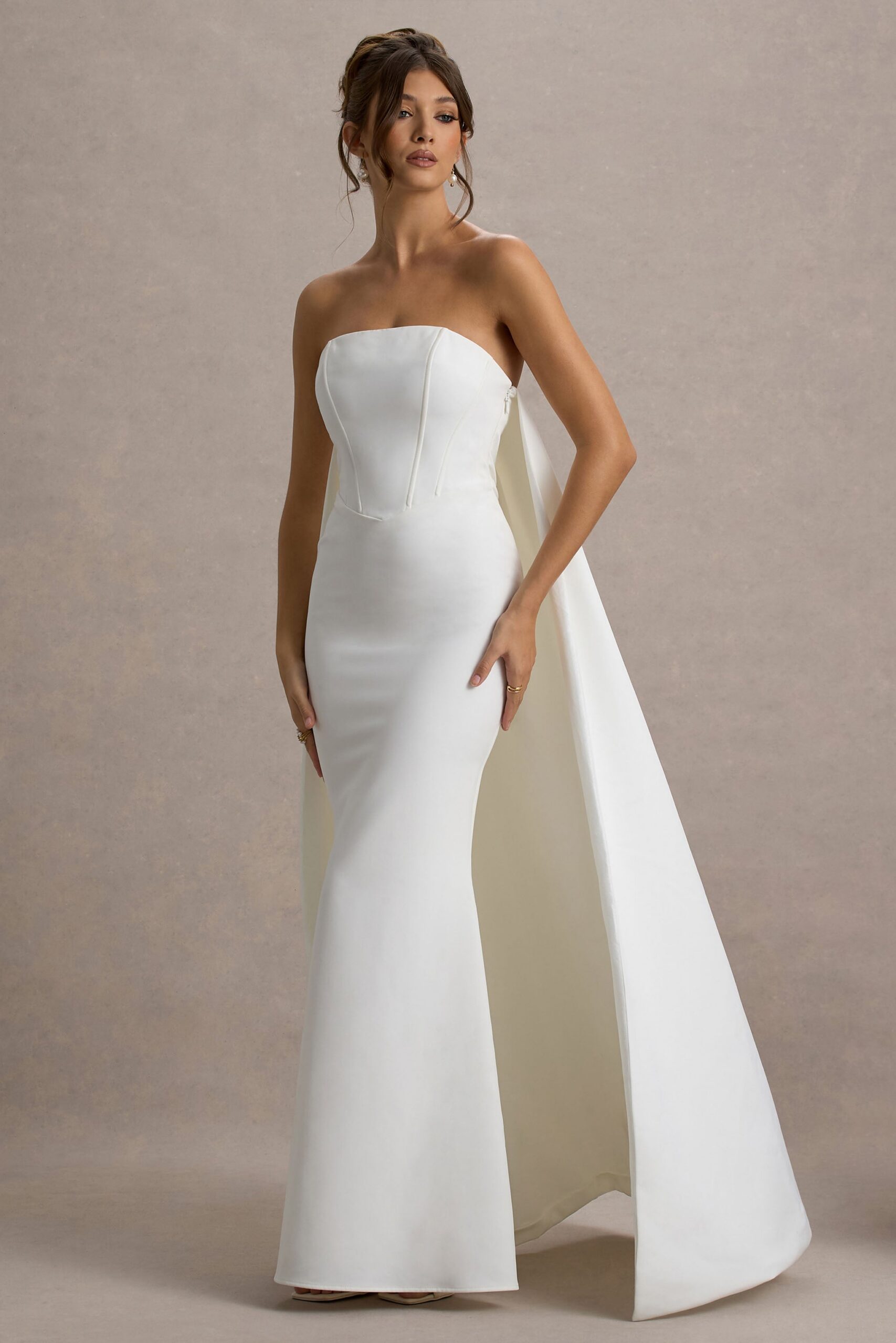 SEXY WHITE BANDEAU CAPE MAXI DRESS FOR PARTY