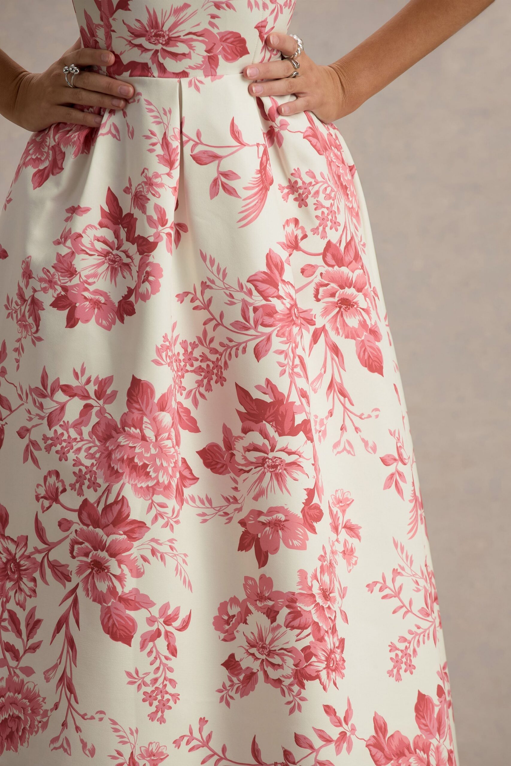 CREAM PINK FLORAL STRAPLESS MIDI DRESS FOR SUMMER