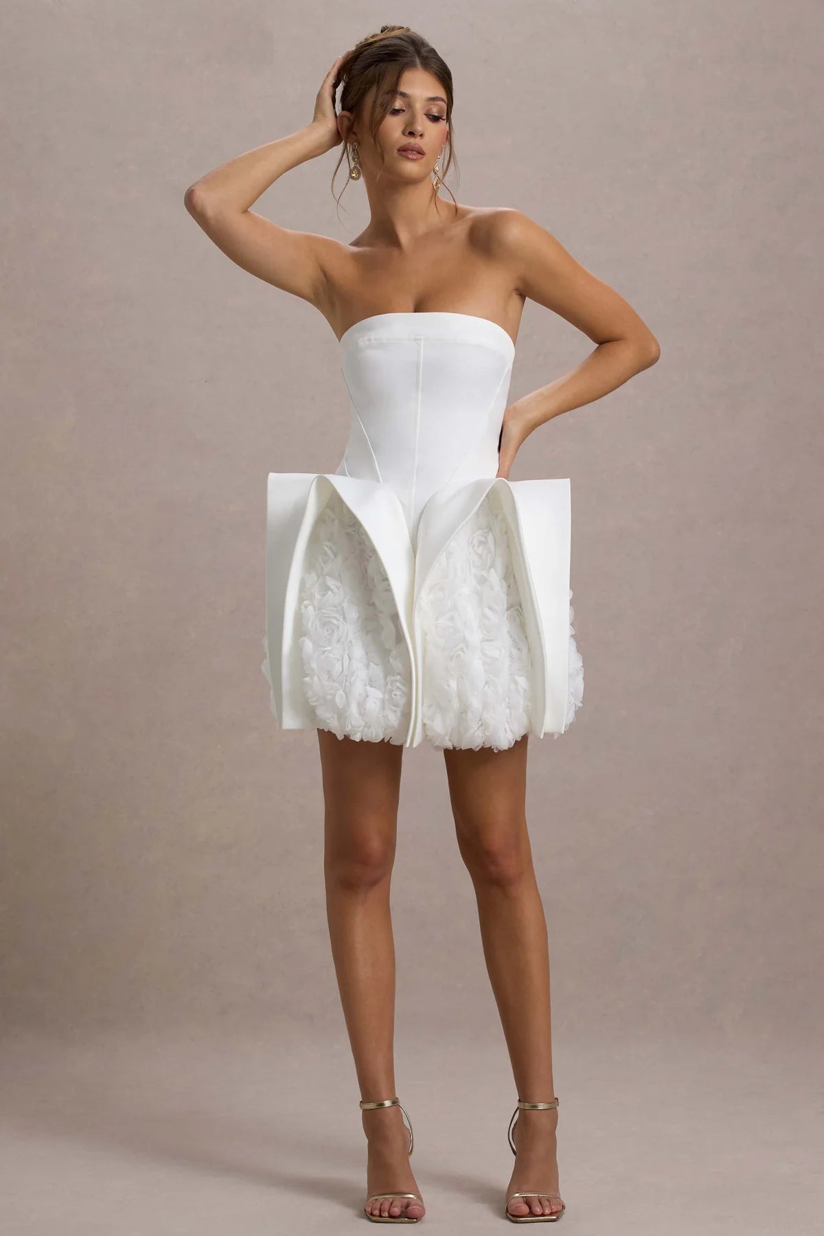 WHITE BANDEAU MINI DRESS PUFF HEM FLORAL PARTY