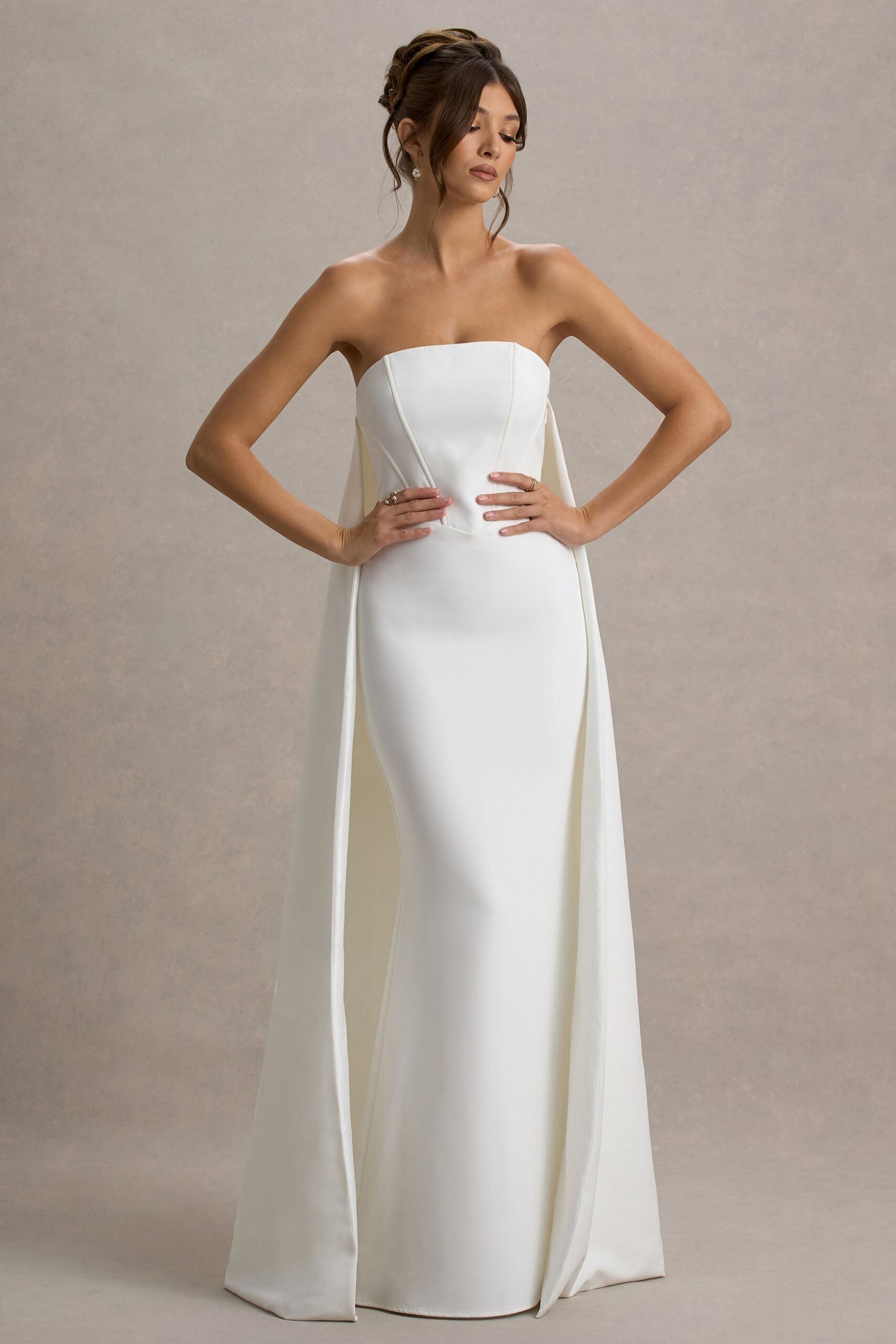 SEXY WHITE BANDEAU CAPE MAXI DRESS FOR PARTY