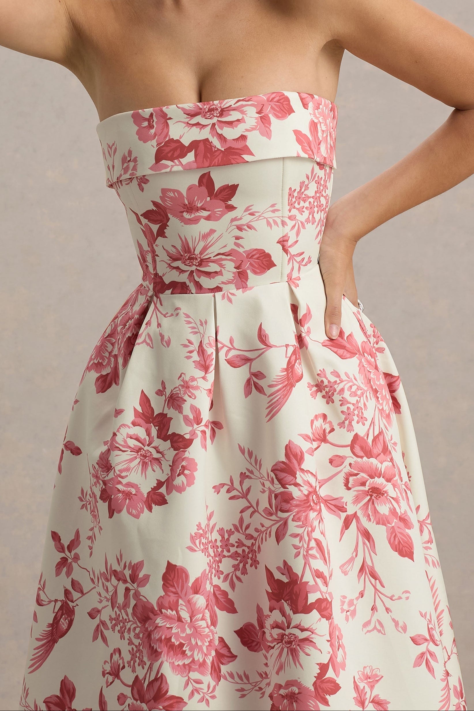 CREAM PINK FLORAL STRAPLESS MIDI DRESS FOR SUMMER