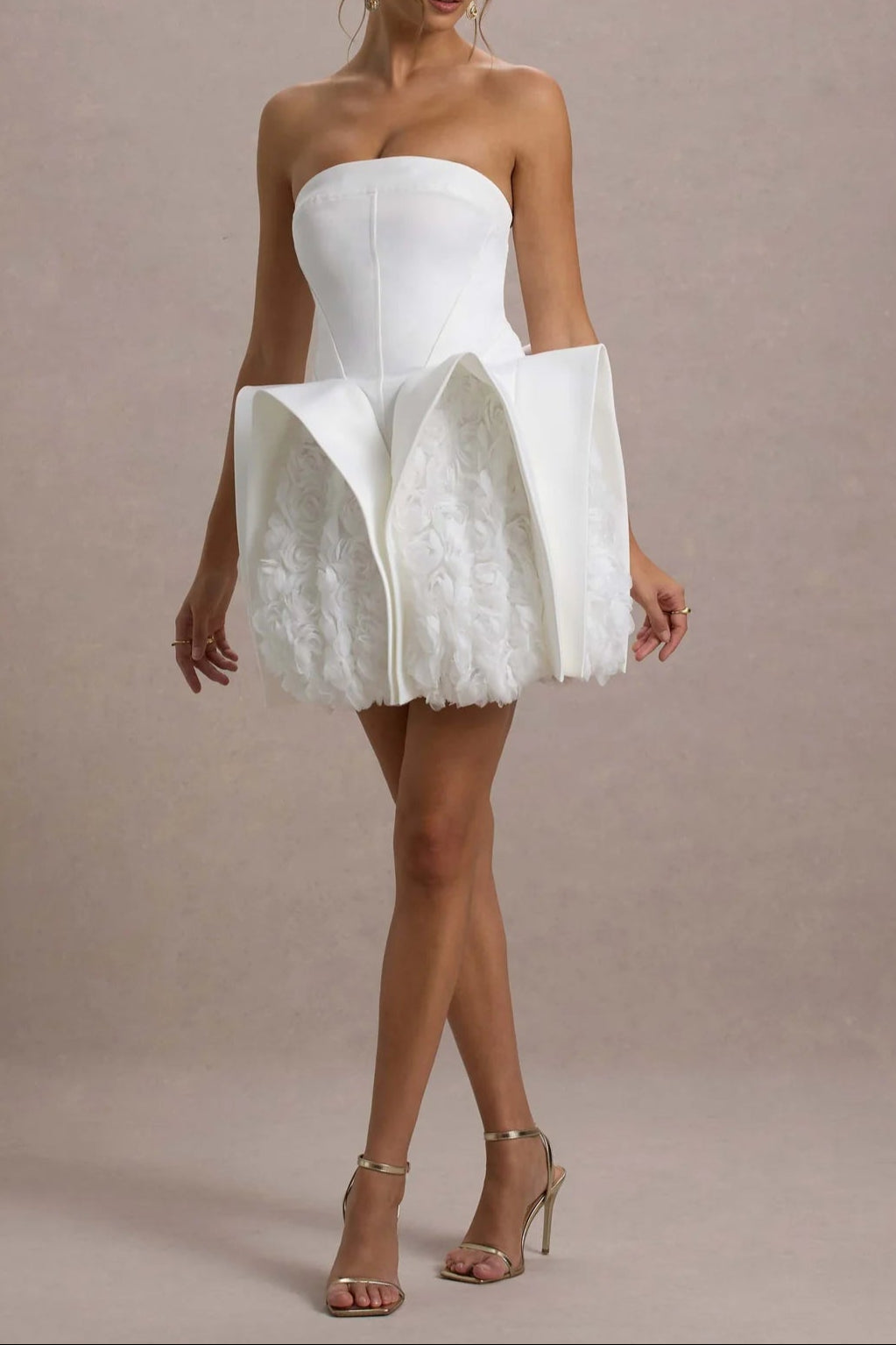 WHITE BANDEAU MINI DRESS PUFF HEM FLORAL PARTY