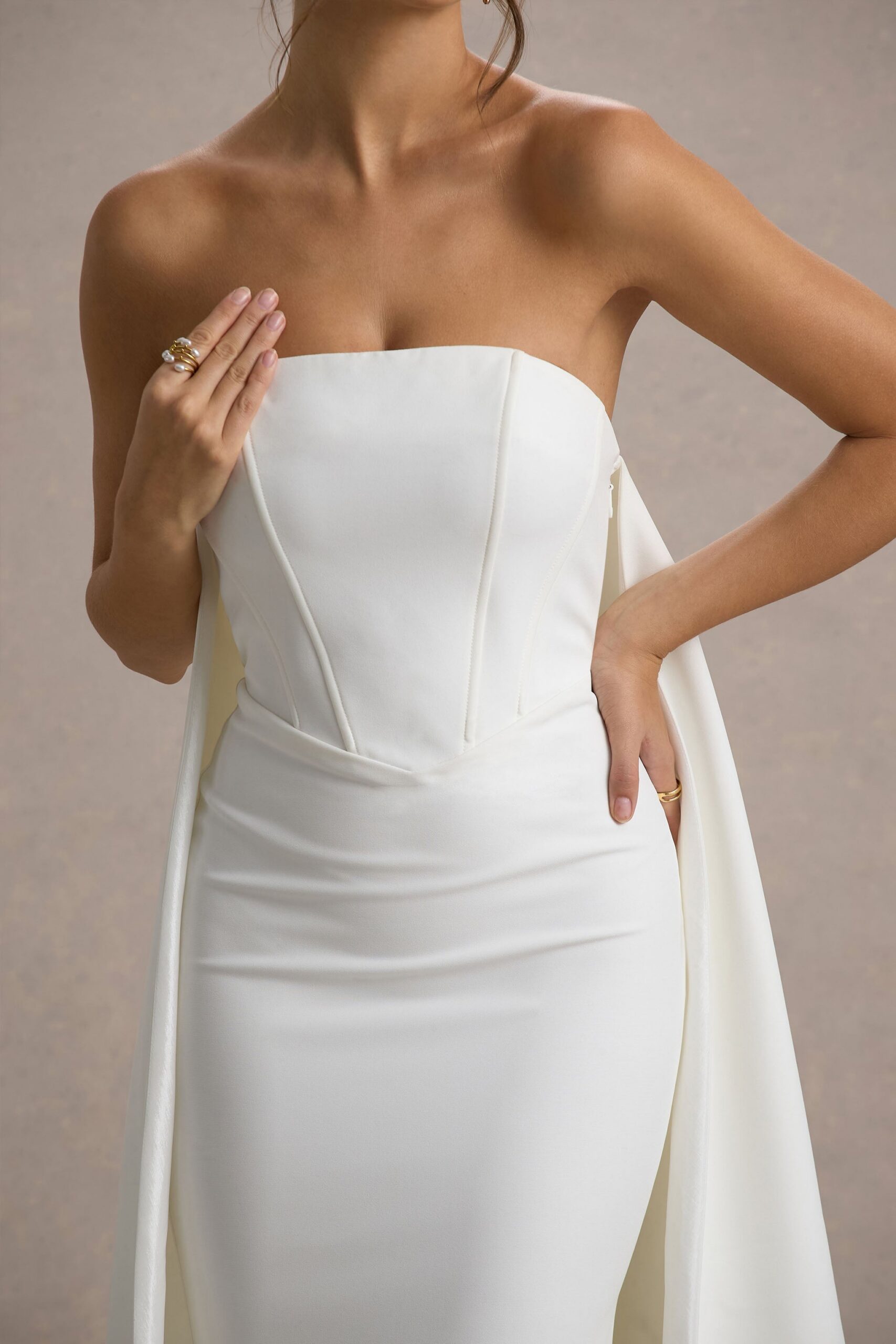 SEXY WHITE BANDEAU CAPE MAXI DRESS FOR PARTY