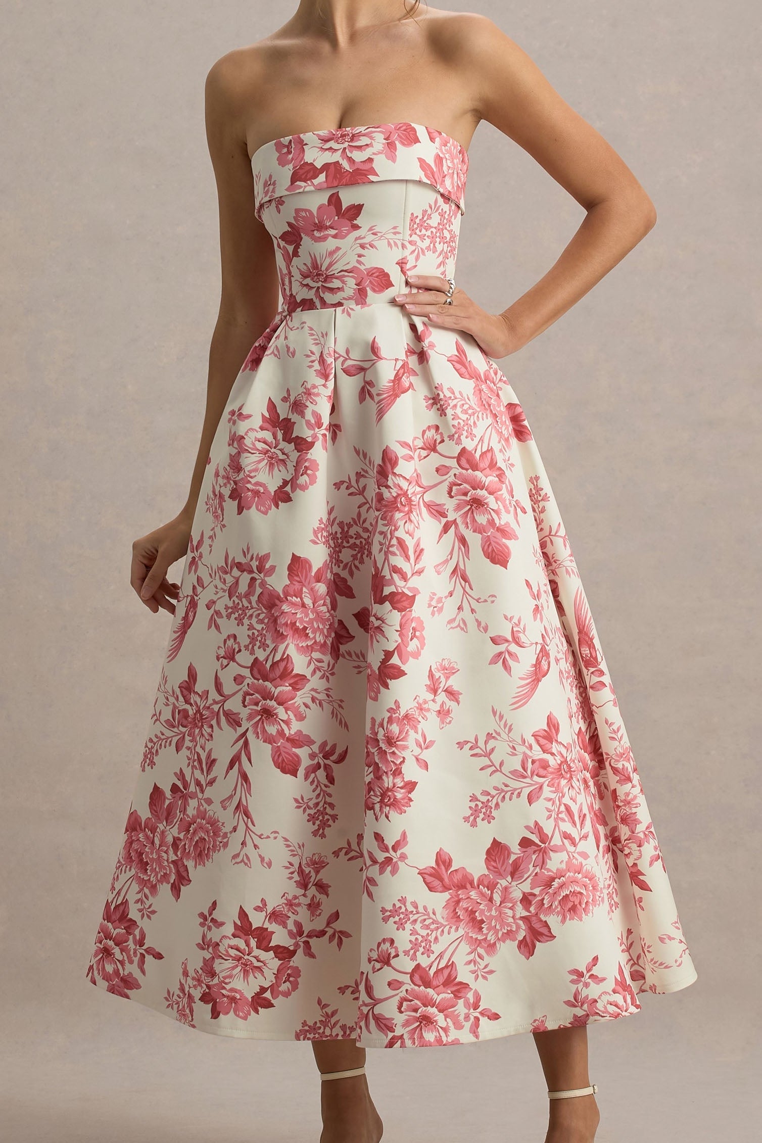 CREAM PINK FLORAL STRAPLESS MIDI DRESS FOR SUMMER