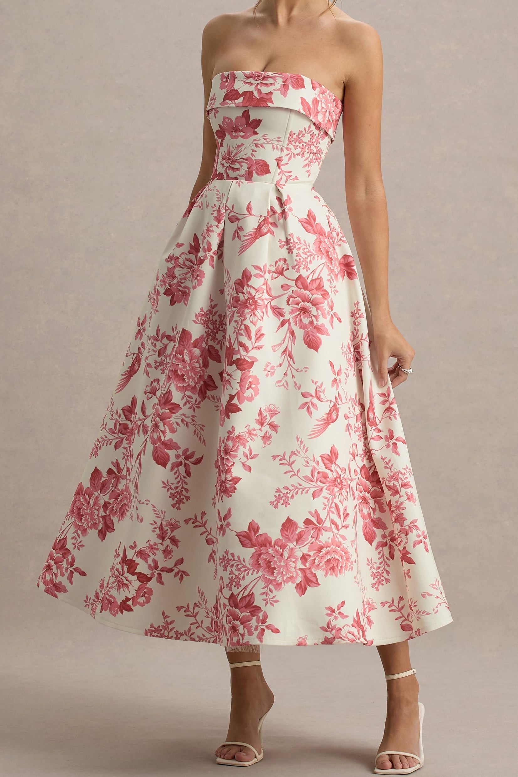 CREAM PINK FLORAL STRAPLESS MIDI DRESS FOR SUMMER