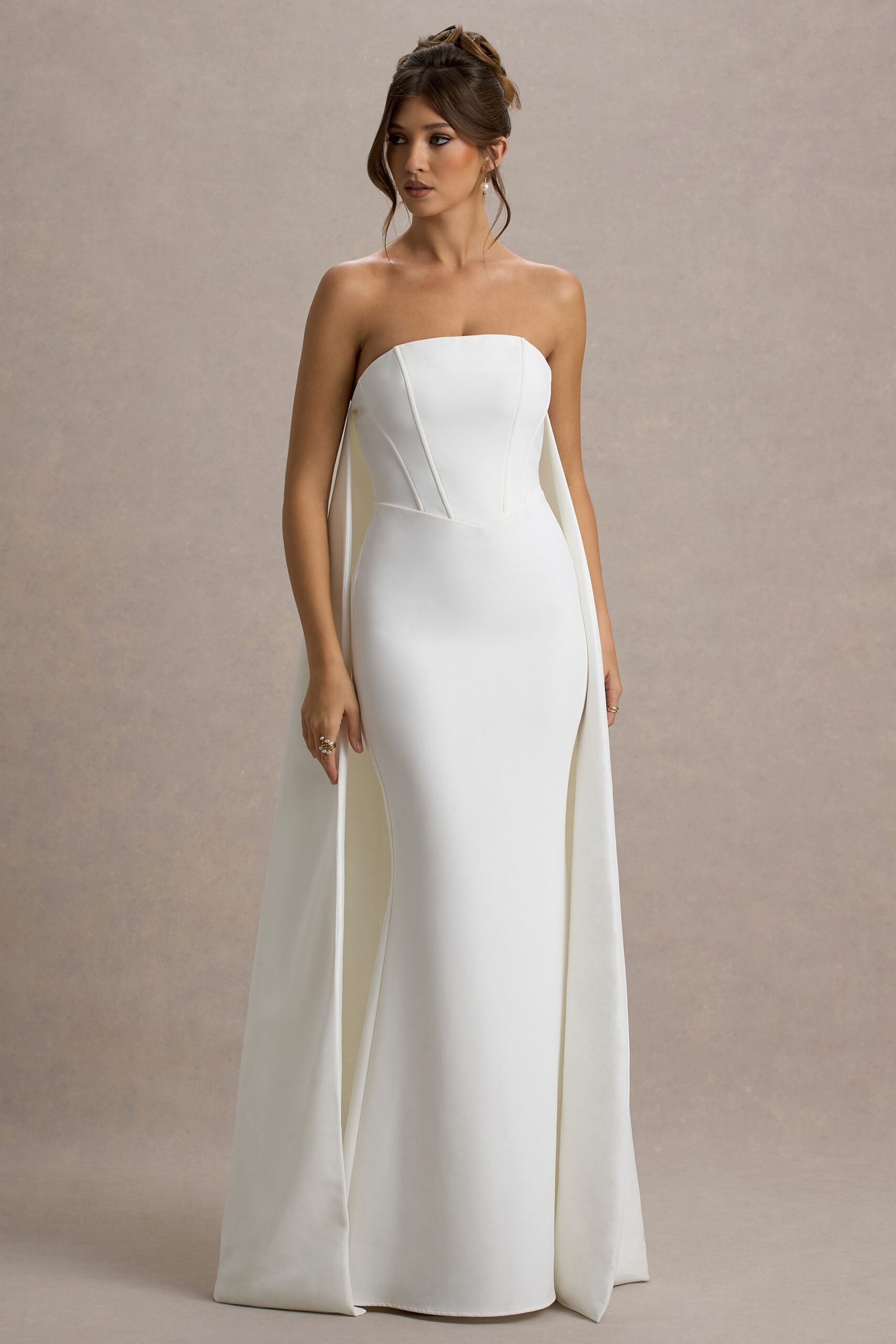SEXY WHITE BANDEAU CAPE MAXI DRESS FOR PARTY