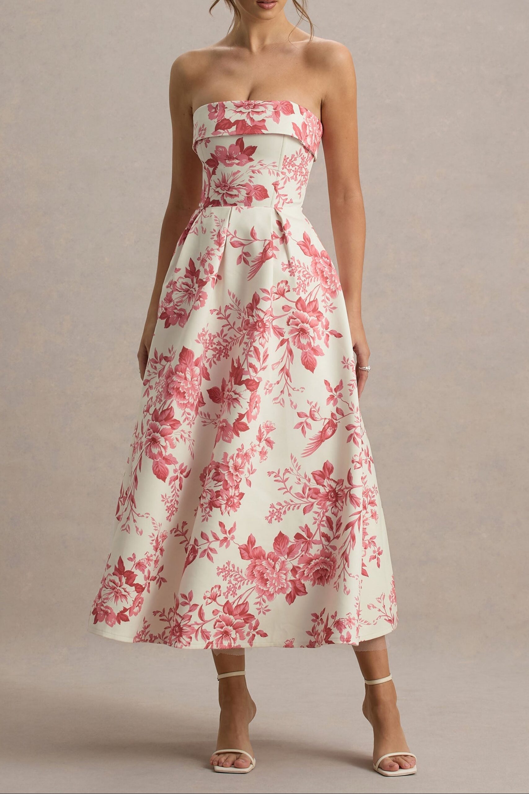 uploaded_image_4_s7kkd CREAM PINK FLORAL STRAPLESS MIDI DRESS FOR SUMMER