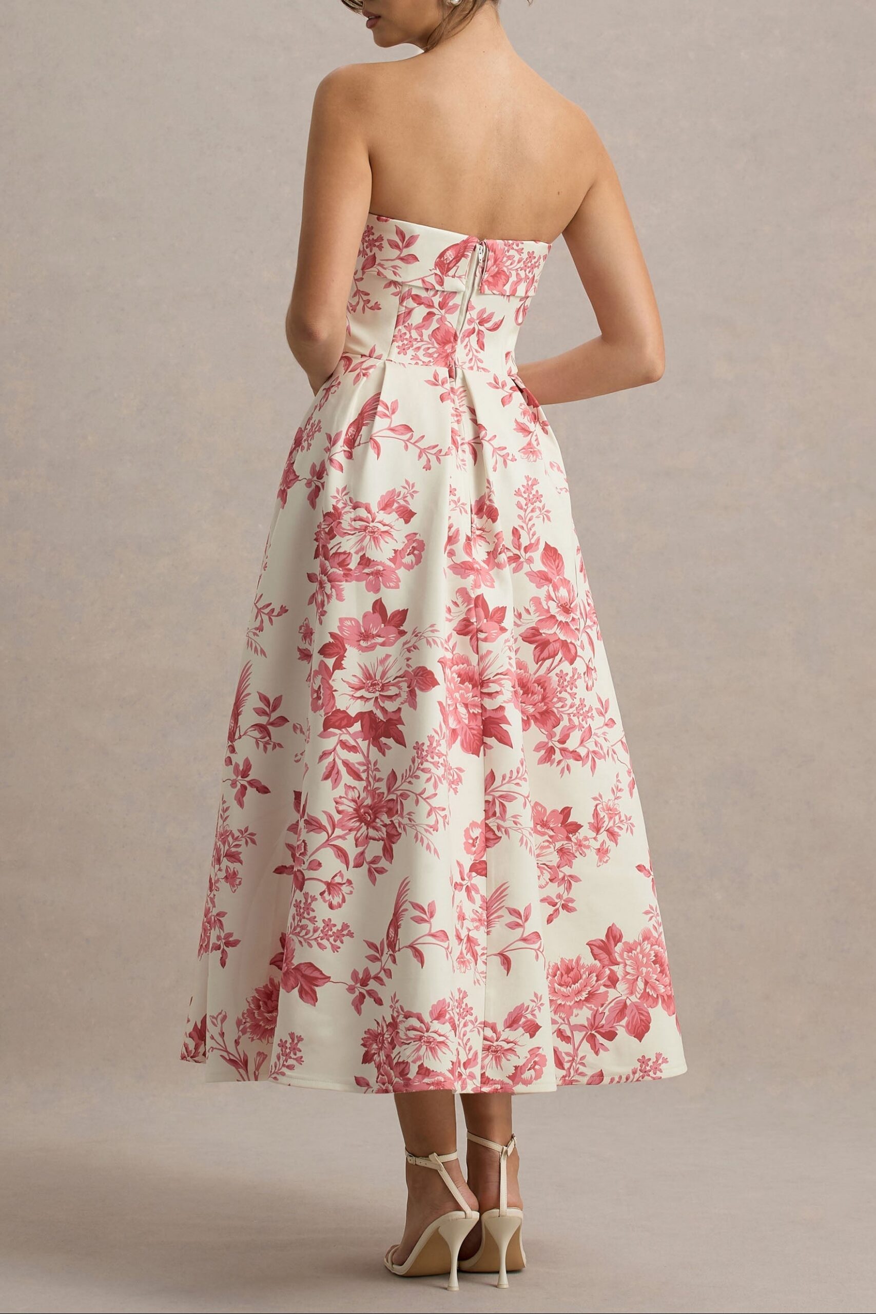 CREAM PINK FLORAL STRAPLESS MIDI DRESS FOR SUMMER