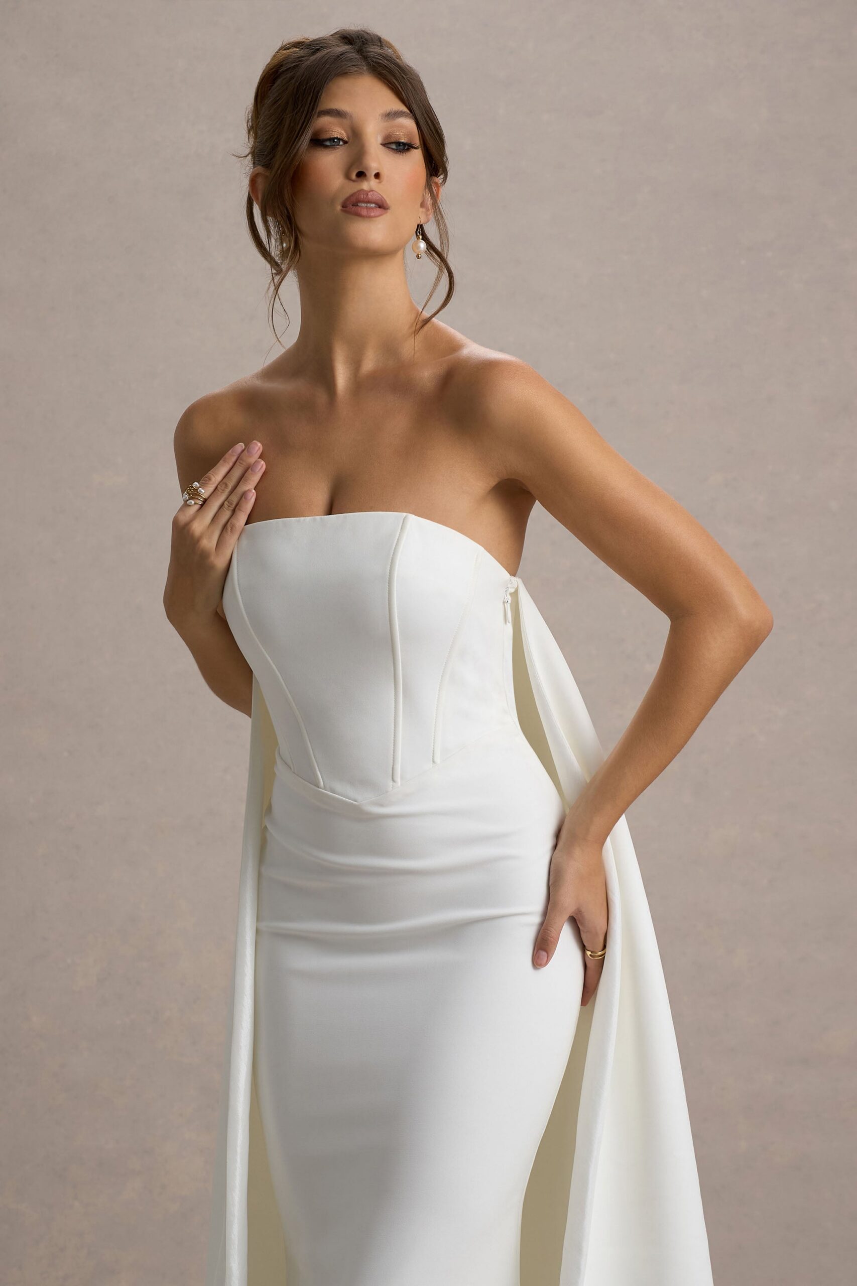 SEXY WHITE BANDEAU CAPE MAXI DRESS FOR PARTY