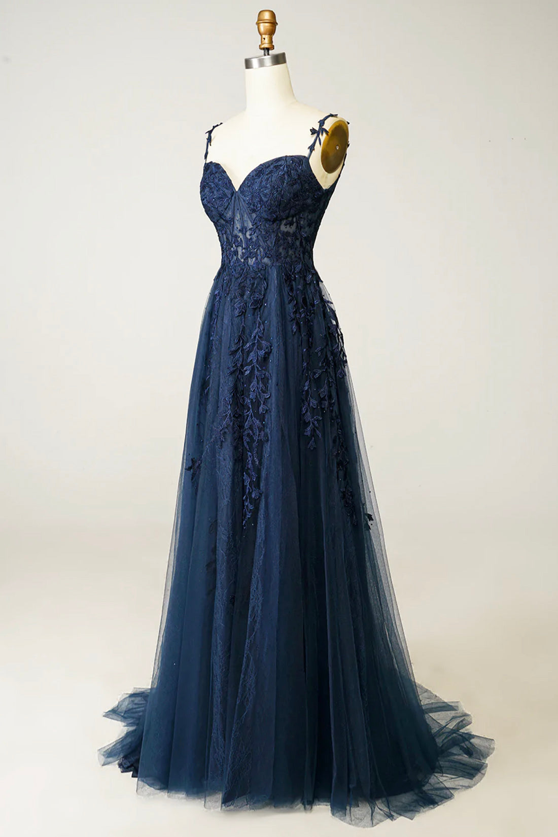 NAVY BLUE TULLE LACE SPAGHETTI STRAP COCKTAIL DRESS