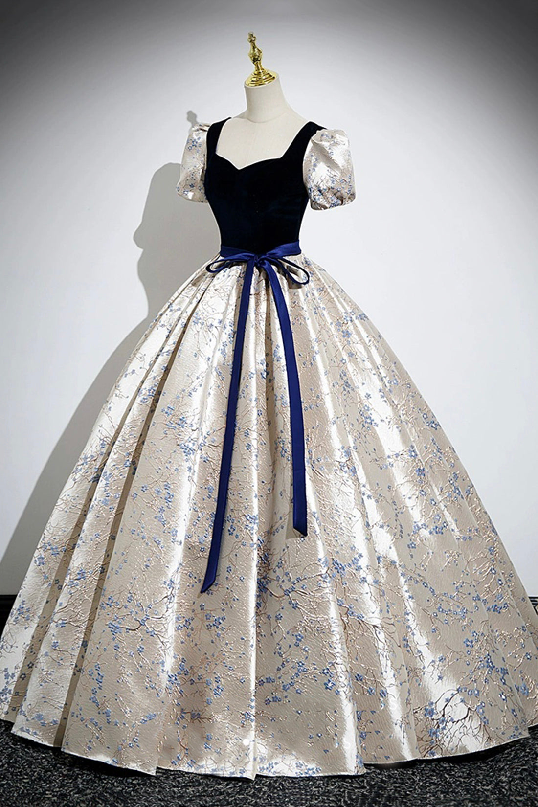 BLUE VELVET PRINT A-LINE PROM DRESS