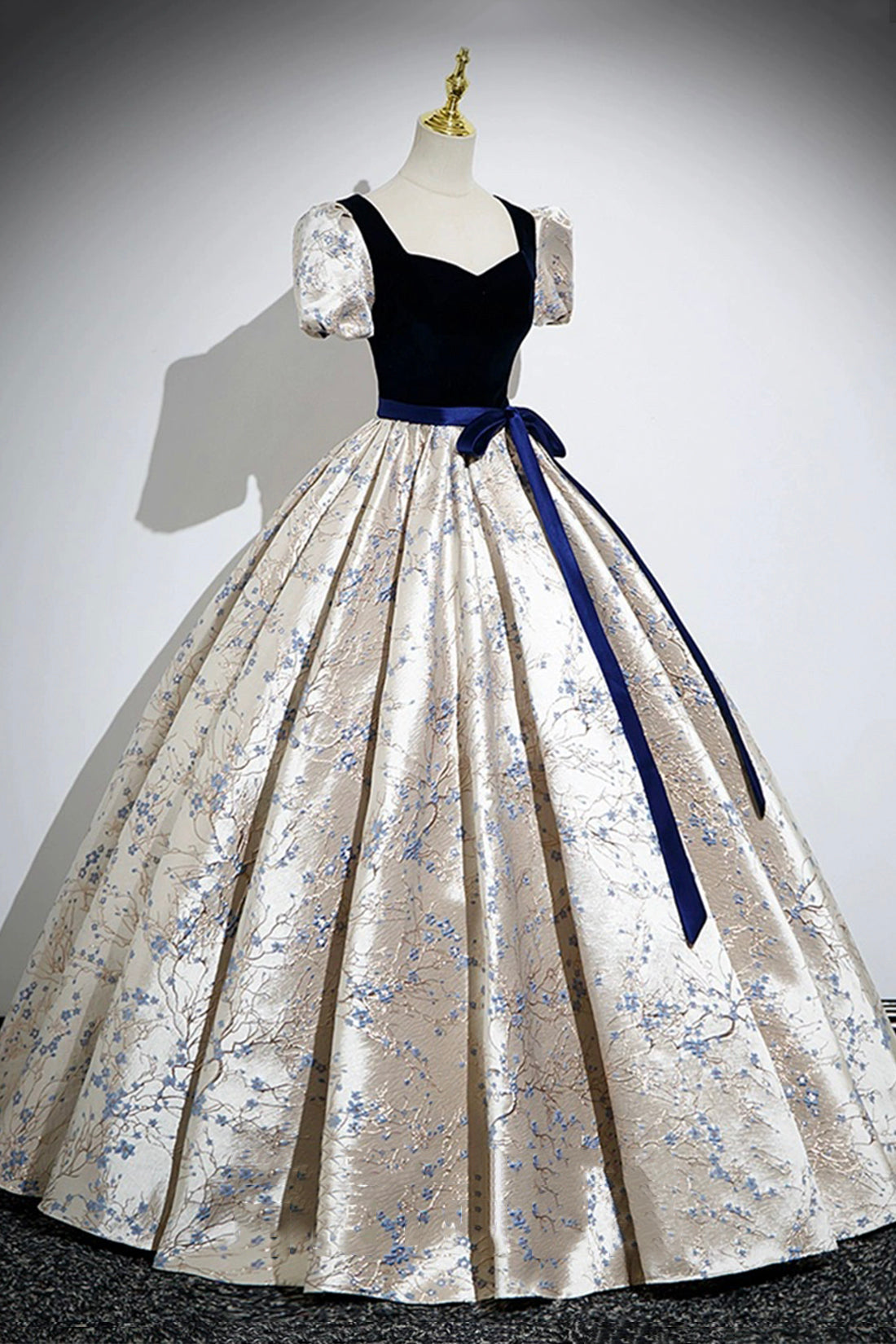 BLUE VELVET PRINT A-LINE PROM DRESS