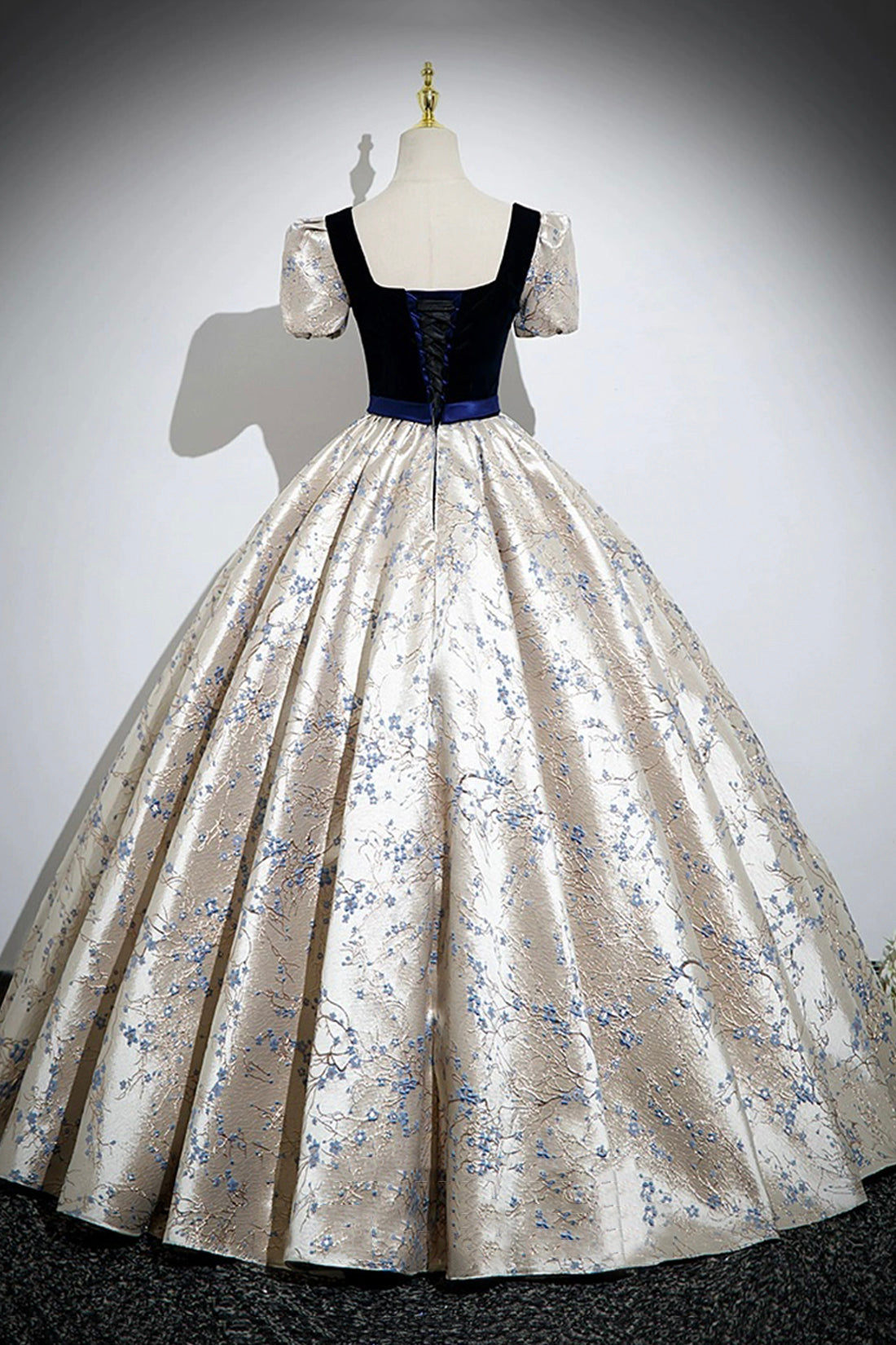 BLUE VELVET PRINT A-LINE PROM DRESS