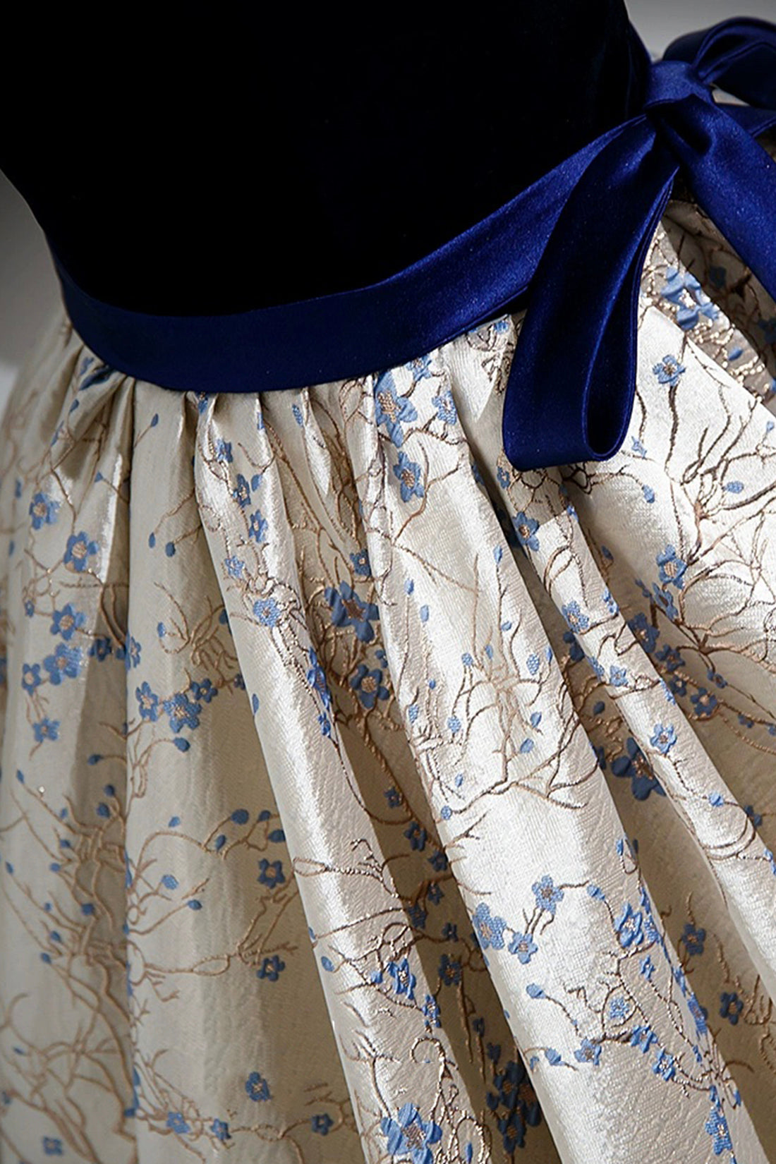 BLUE VELVET PRINT A-LINE PROM DRESS