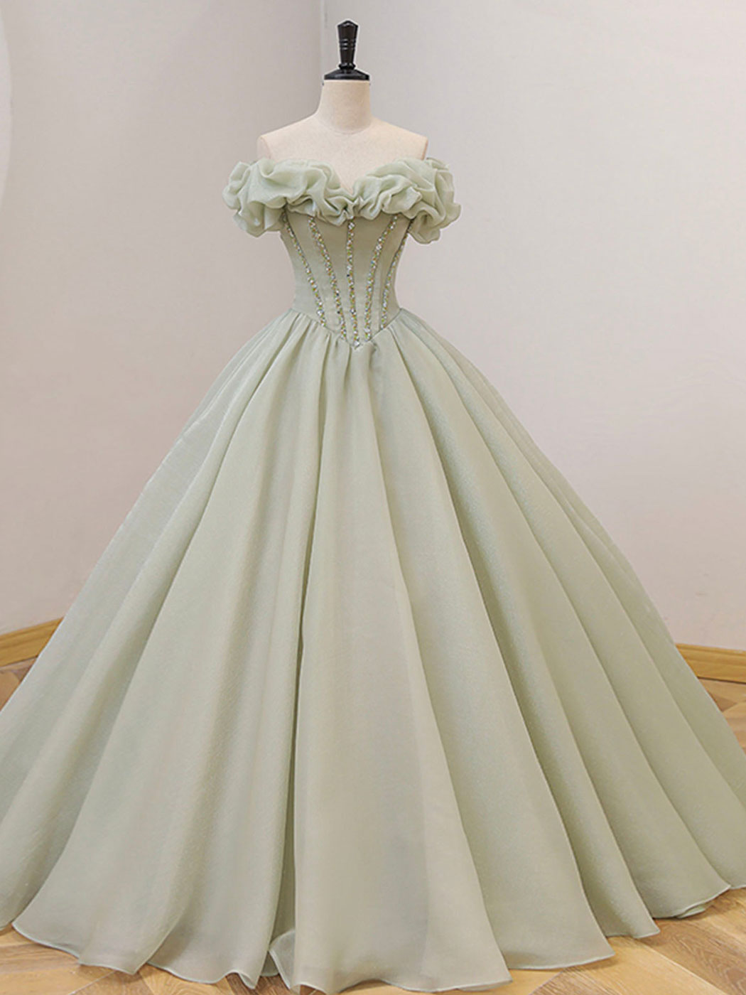 A-LINE GREEN TULLE PROM DRESS