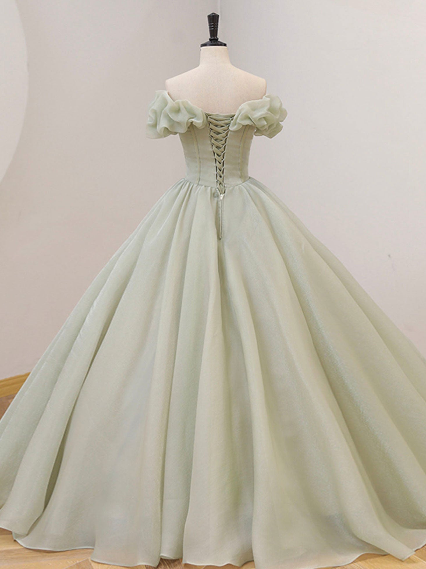 A-LINE GREEN TULLE PROM DRESS
