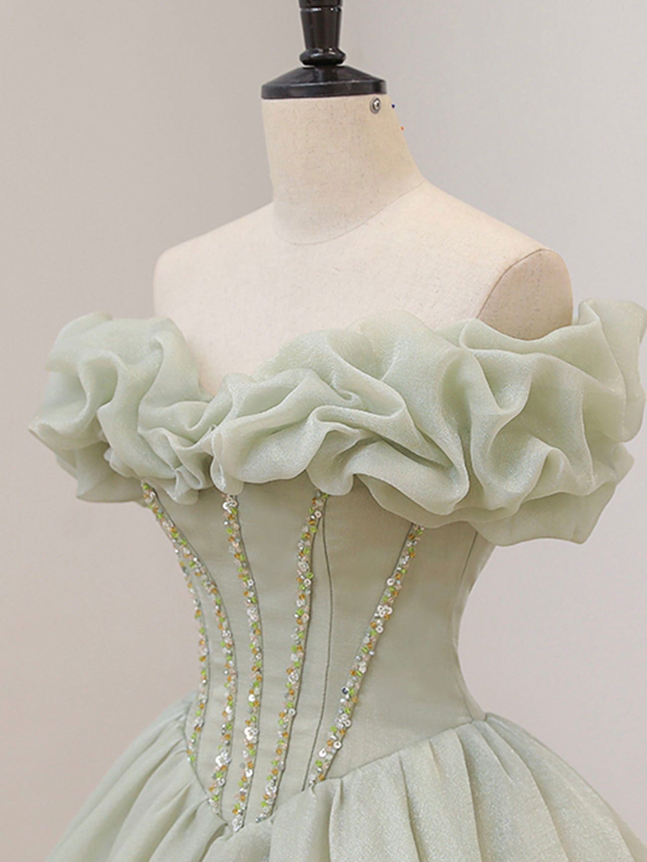 A-LINE GREEN TULLE PROM DRESS