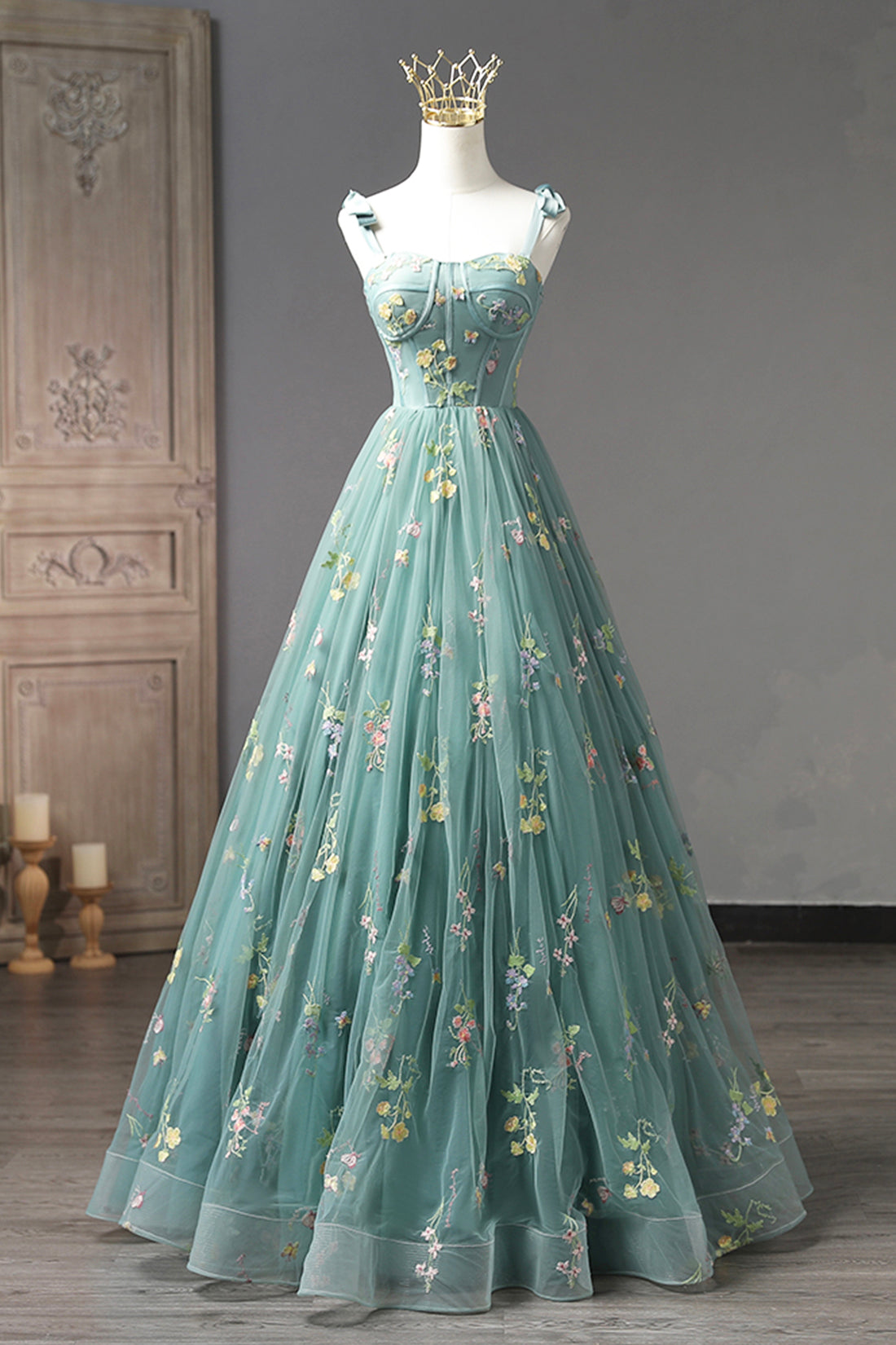 GREEN LACE A-LINE FORMAL MIDI DRESS