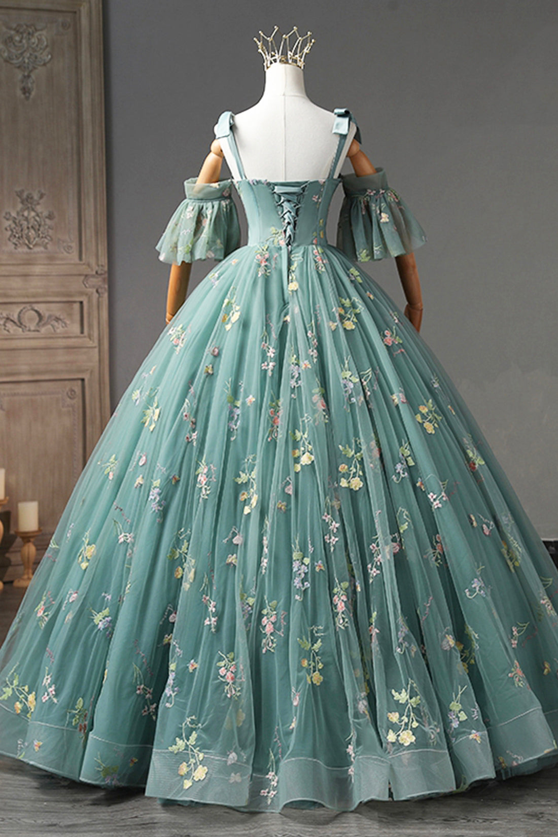 GREEN LACE A-LINE FORMAL MIDI DRESS