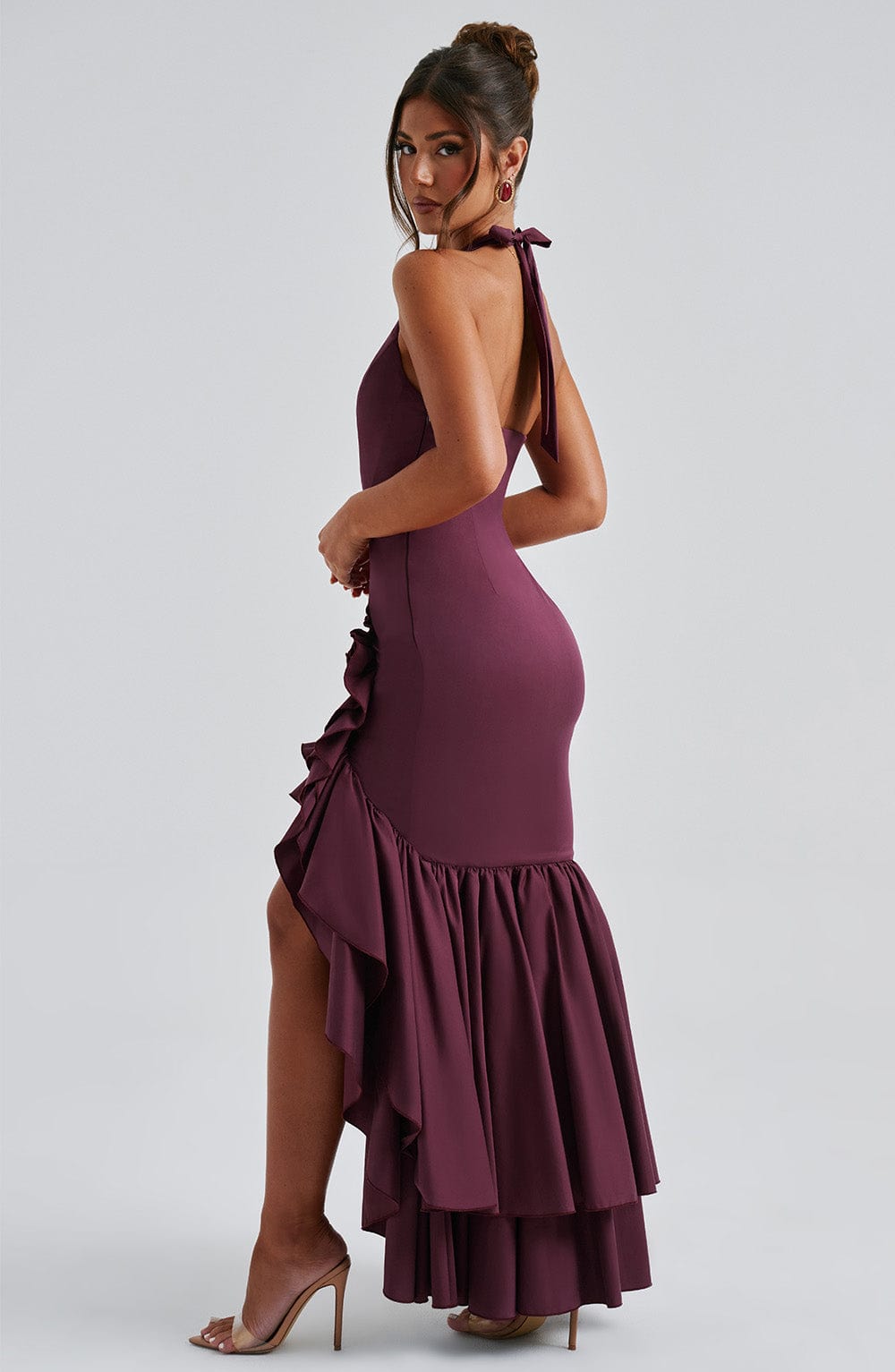 CHERRY LACQUER RUFFLE HEM MAXI DRESS, BOHO WEDDING GUEST