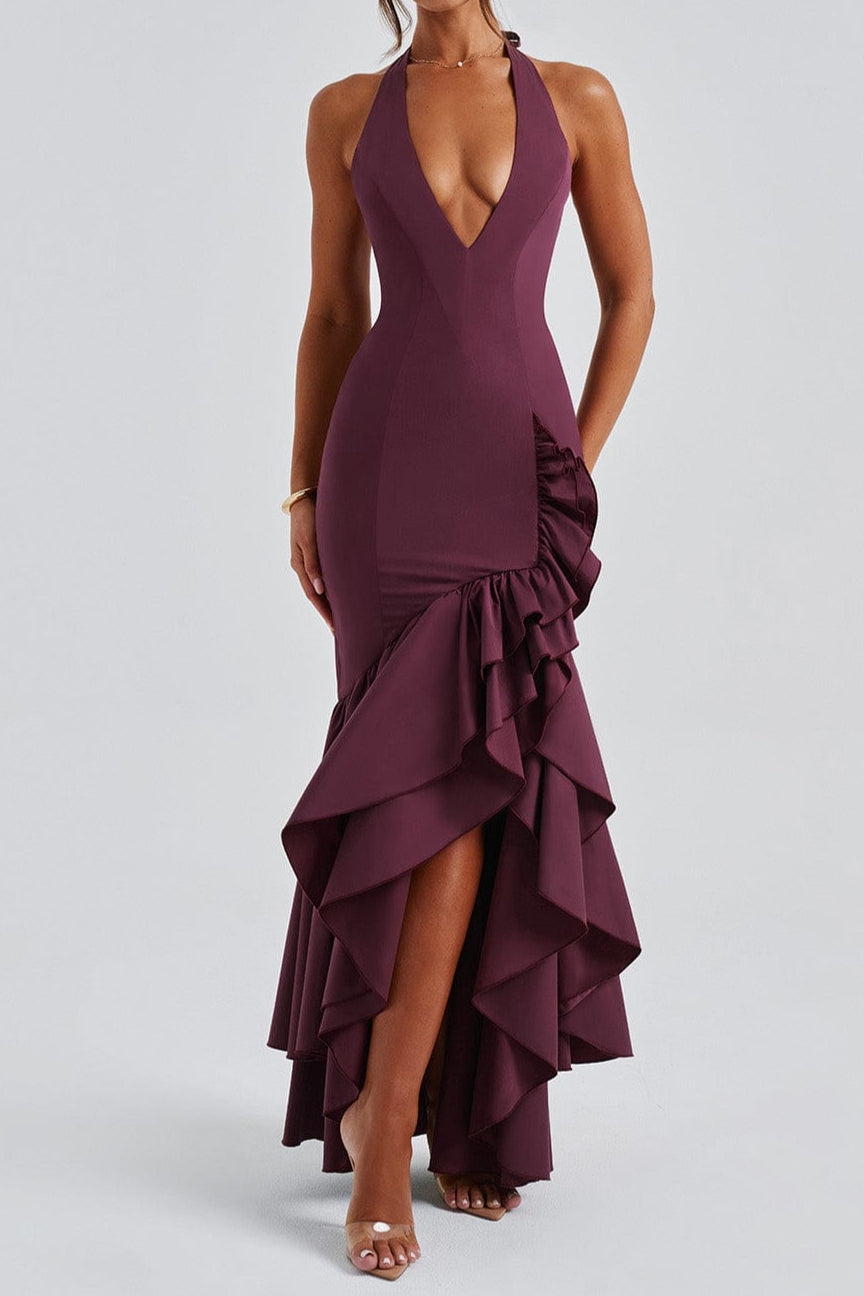 CHERRY LACQUER RUFFLE HEM MAXI DRESS, BOHO WEDDING GUEST