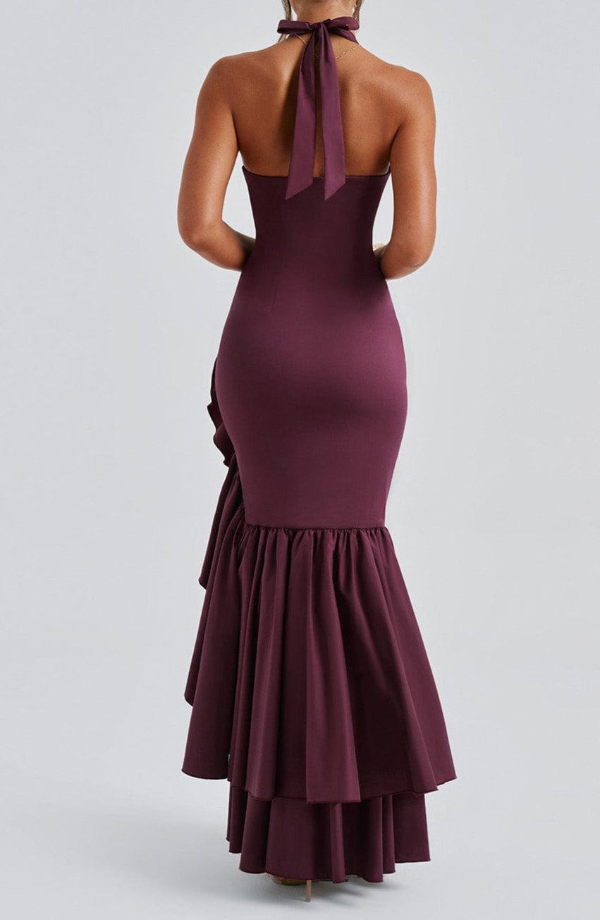 CHERRY LACQUER RUFFLE HEM MAXI DRESS, BOHO WEDDING GUEST