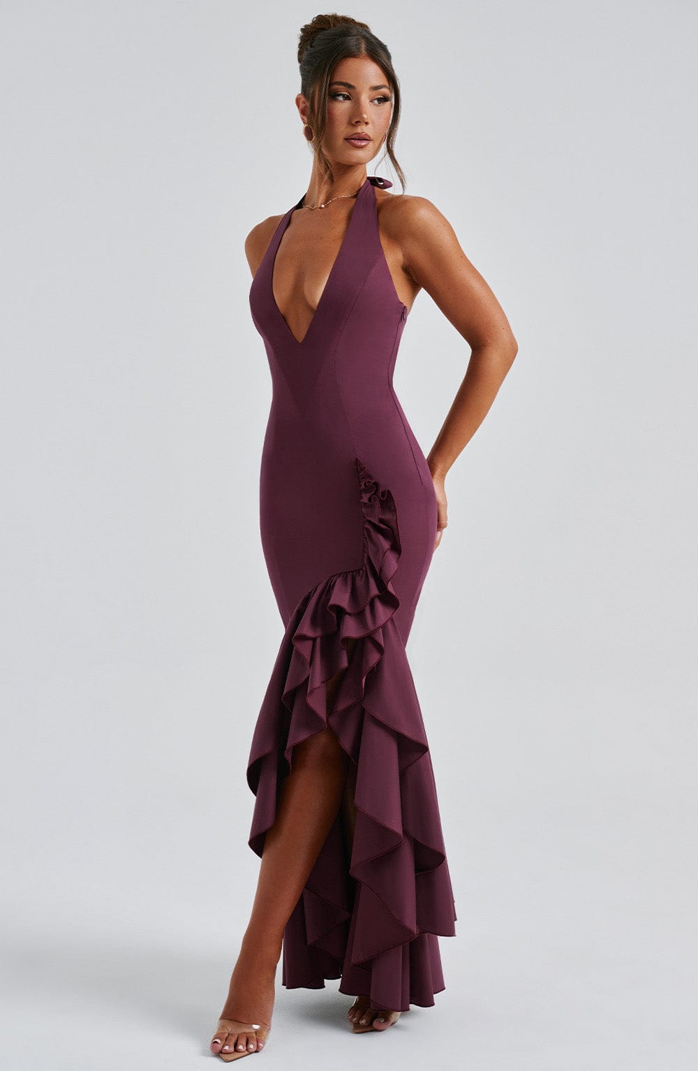 CHERRY LACQUER RUFFLE HEM MAXI DRESS, BOHO WEDDING GUEST