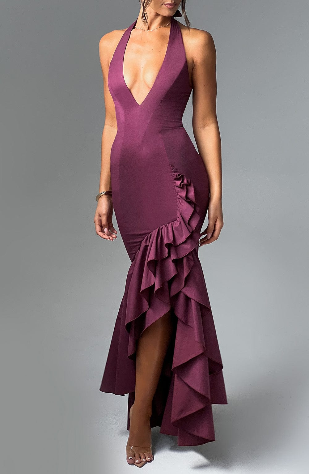 CHERRY LACQUER RUFFLE HEM MAXI DRESS, BOHO WEDDING GUEST