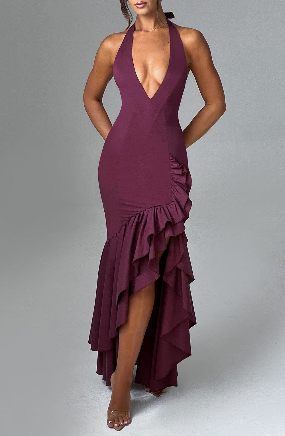 CHERRY LACQUER RUFFLE HEM MAXI DRESS, BOHO WEDDING GUEST